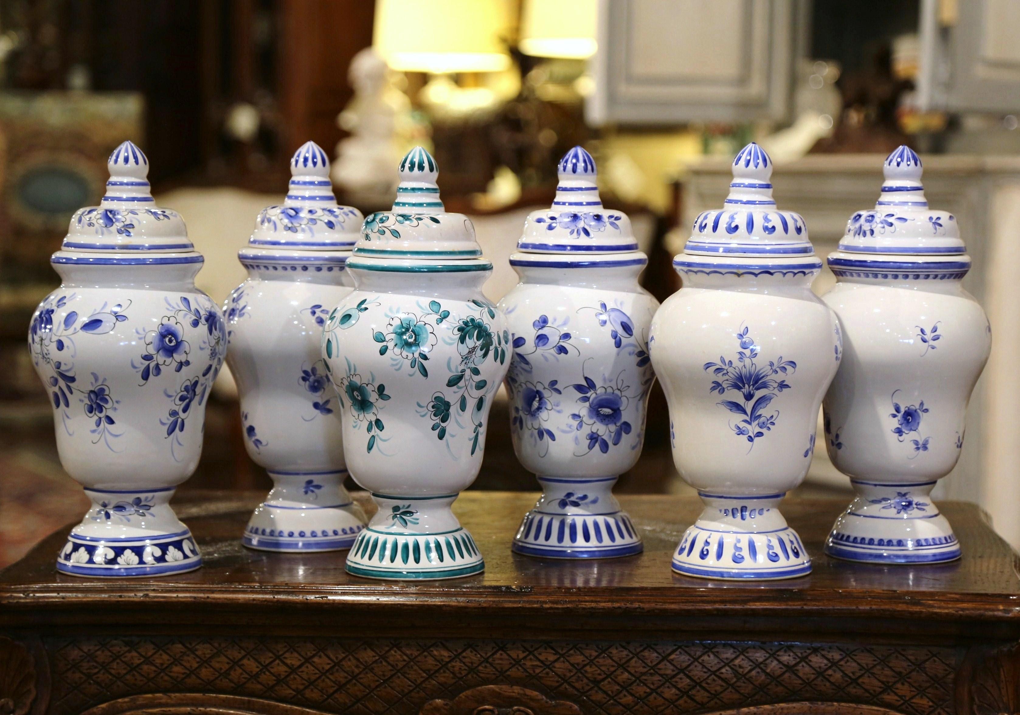 Mid-20th Century Italian Blue and White Ceramic Apothecary Jars, Set of Six 1