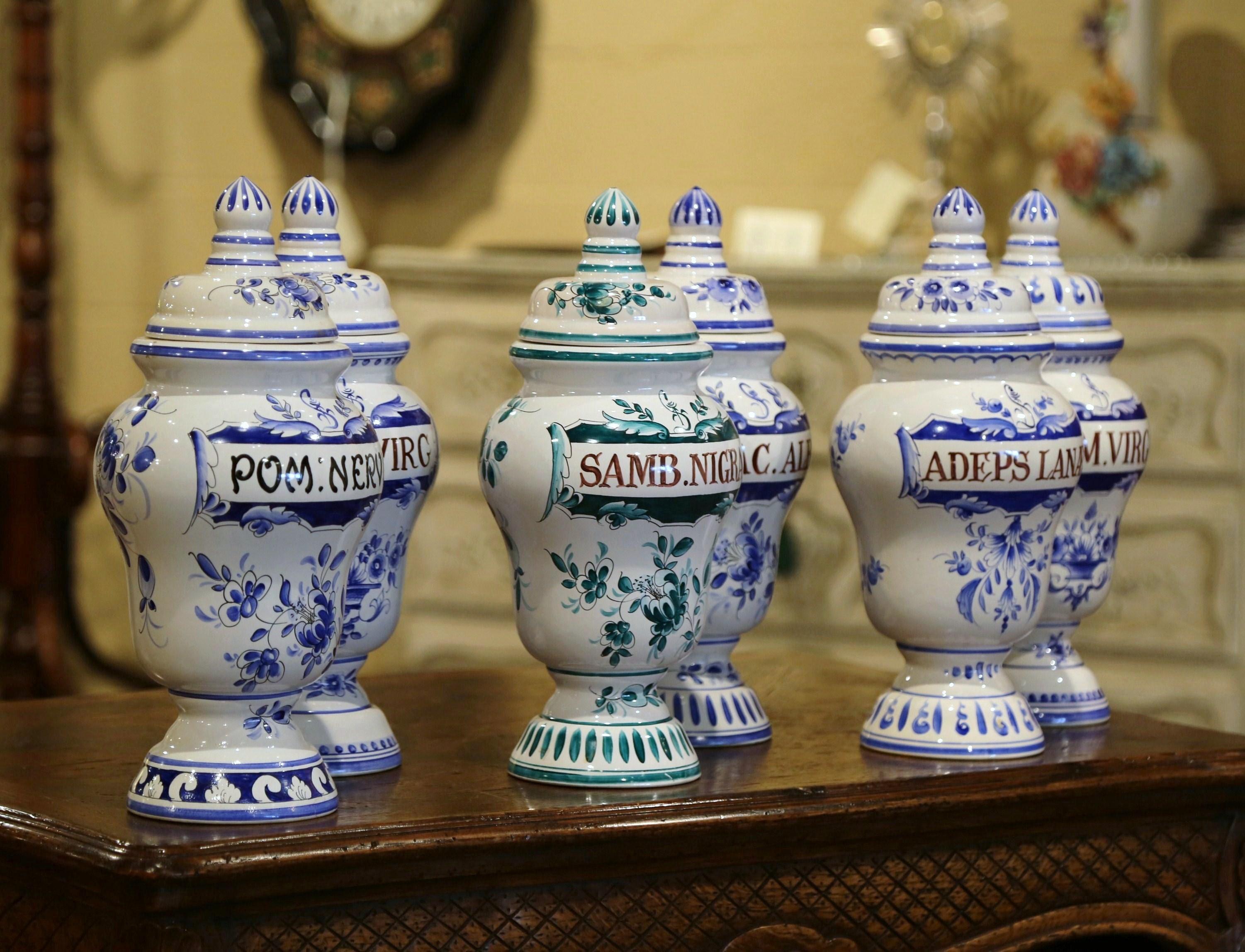 Mid-20th Century Italian Blue and White Ceramic Apothecary Jars, Set of Six 2