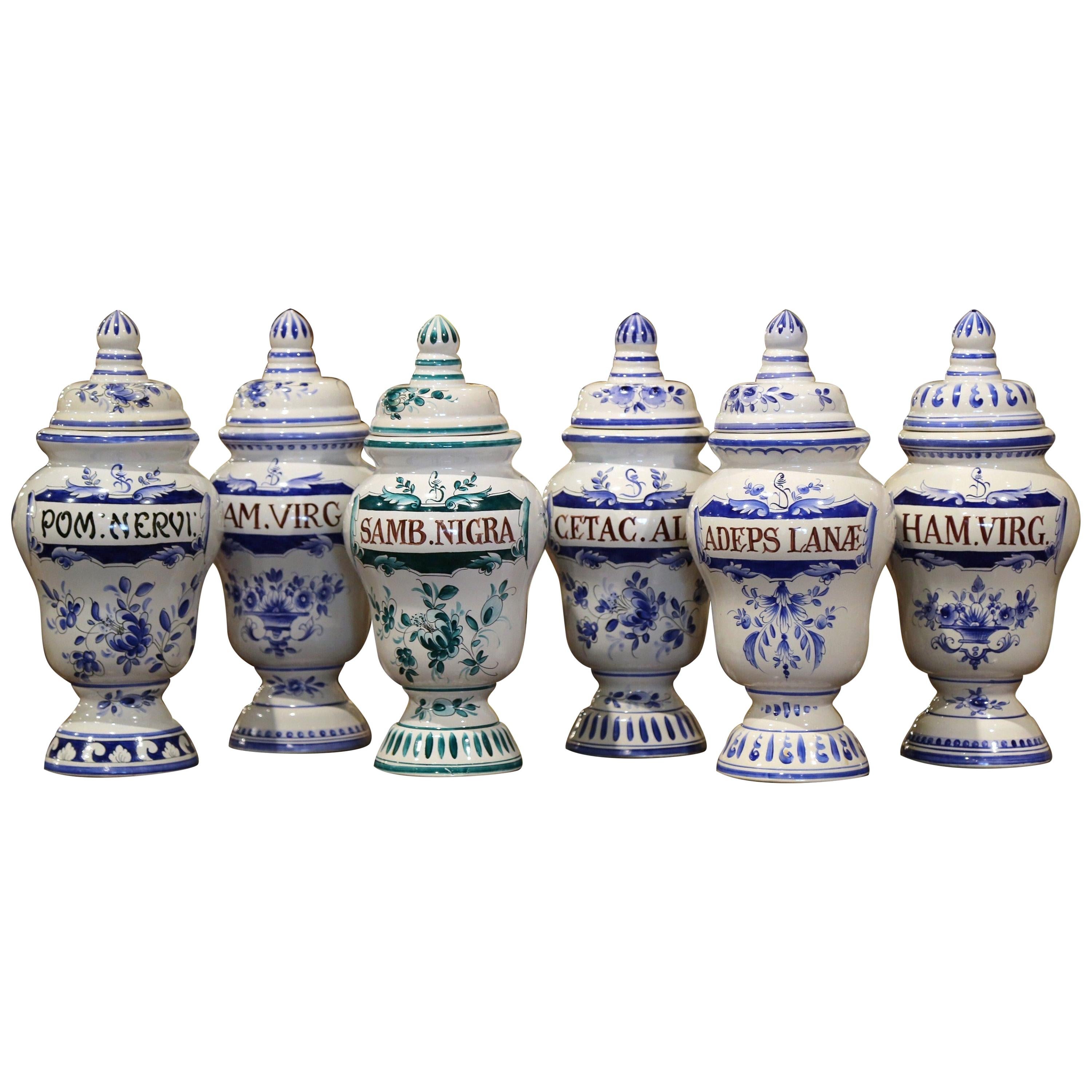 Mid-20th Century Italian Blue and White Ceramic Apothecary Jars, Set of Six