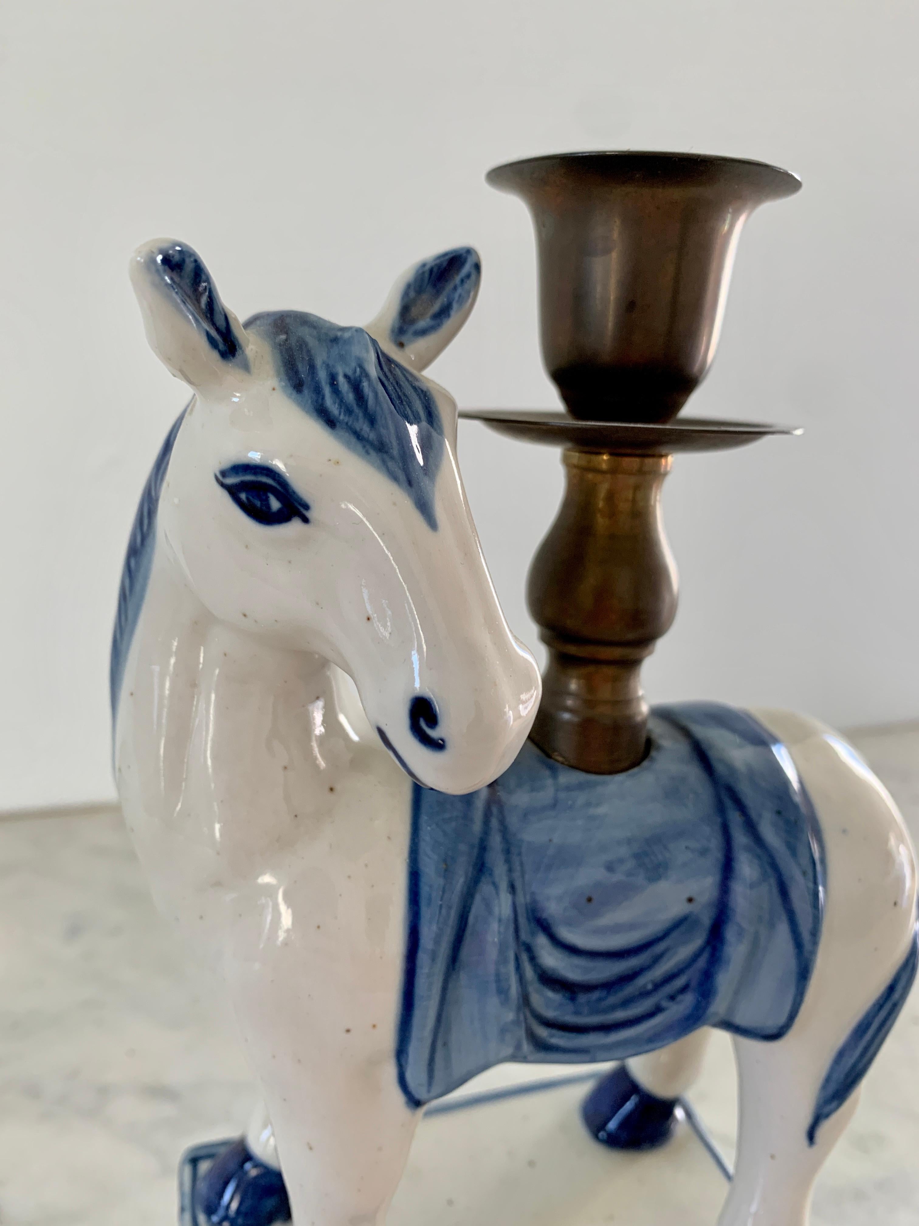 Mid-20th Century Italian Blue and White Porcelain Horse Candle Holders, Pair 2