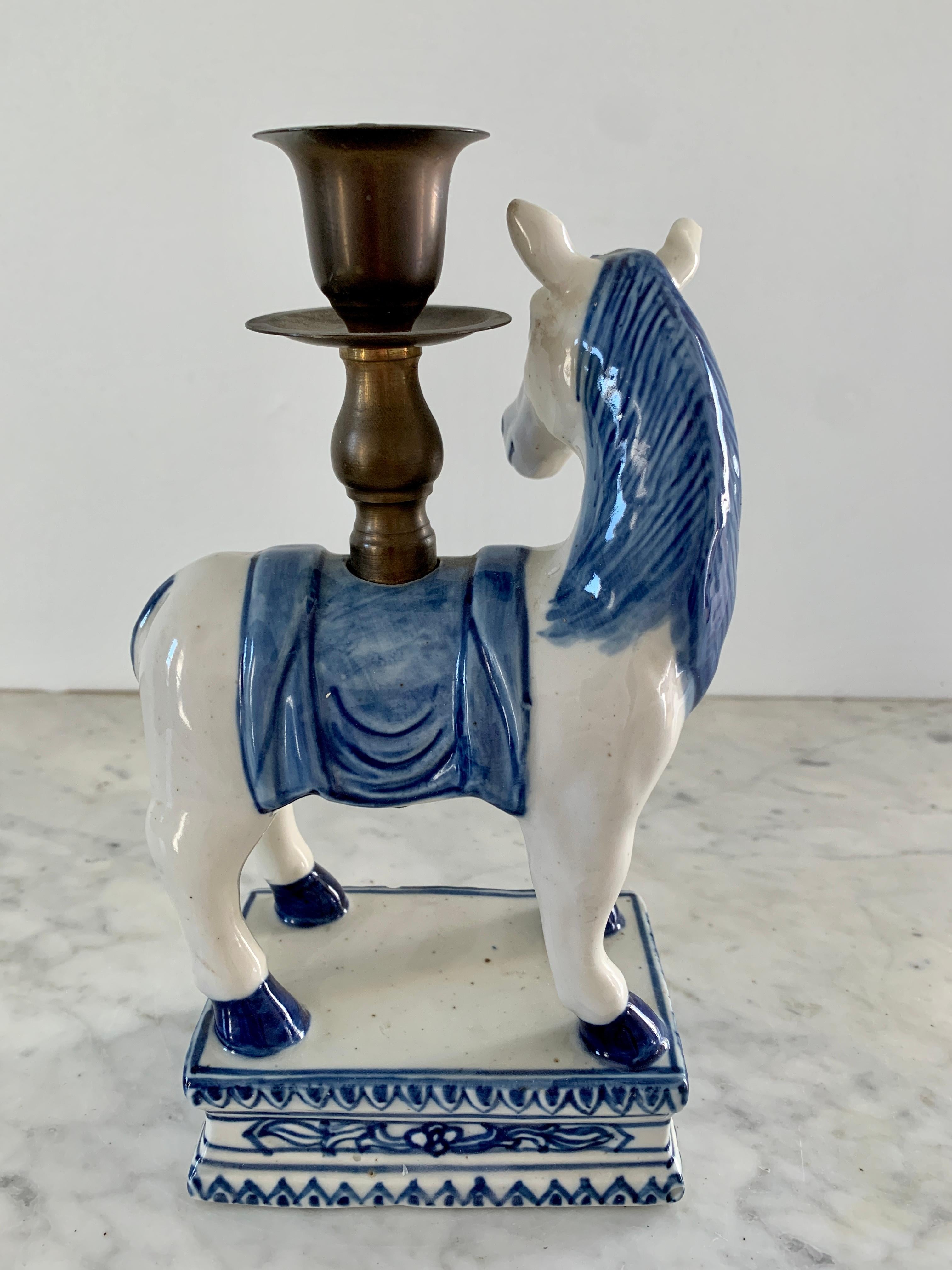 Mid-20th Century Italian Blue and White Porcelain Horse Candle Holders, Pair 4