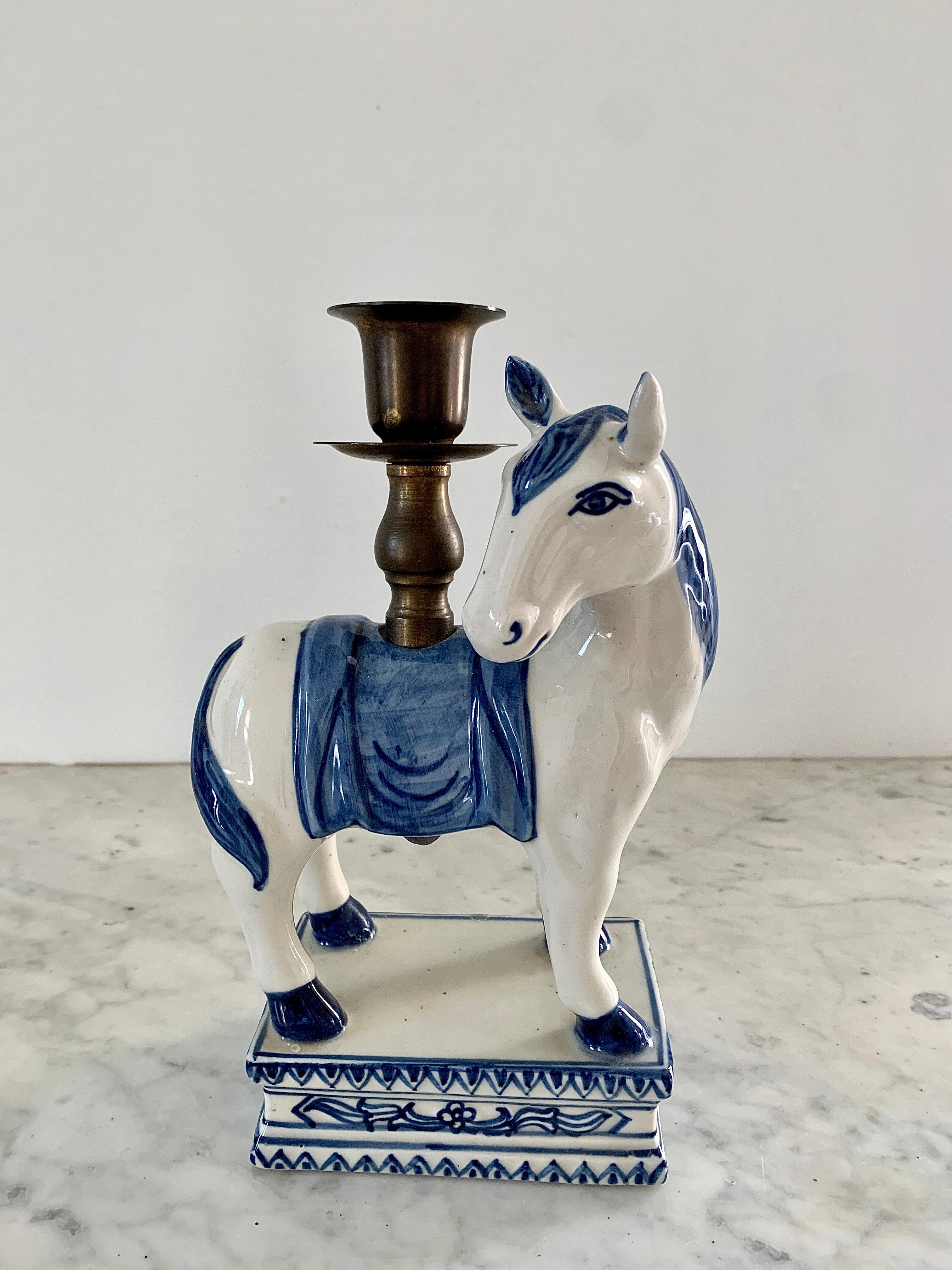 Chinoiserie Mid-20th Century Italian Blue and White Porcelain Horse Candle Holders, Pair