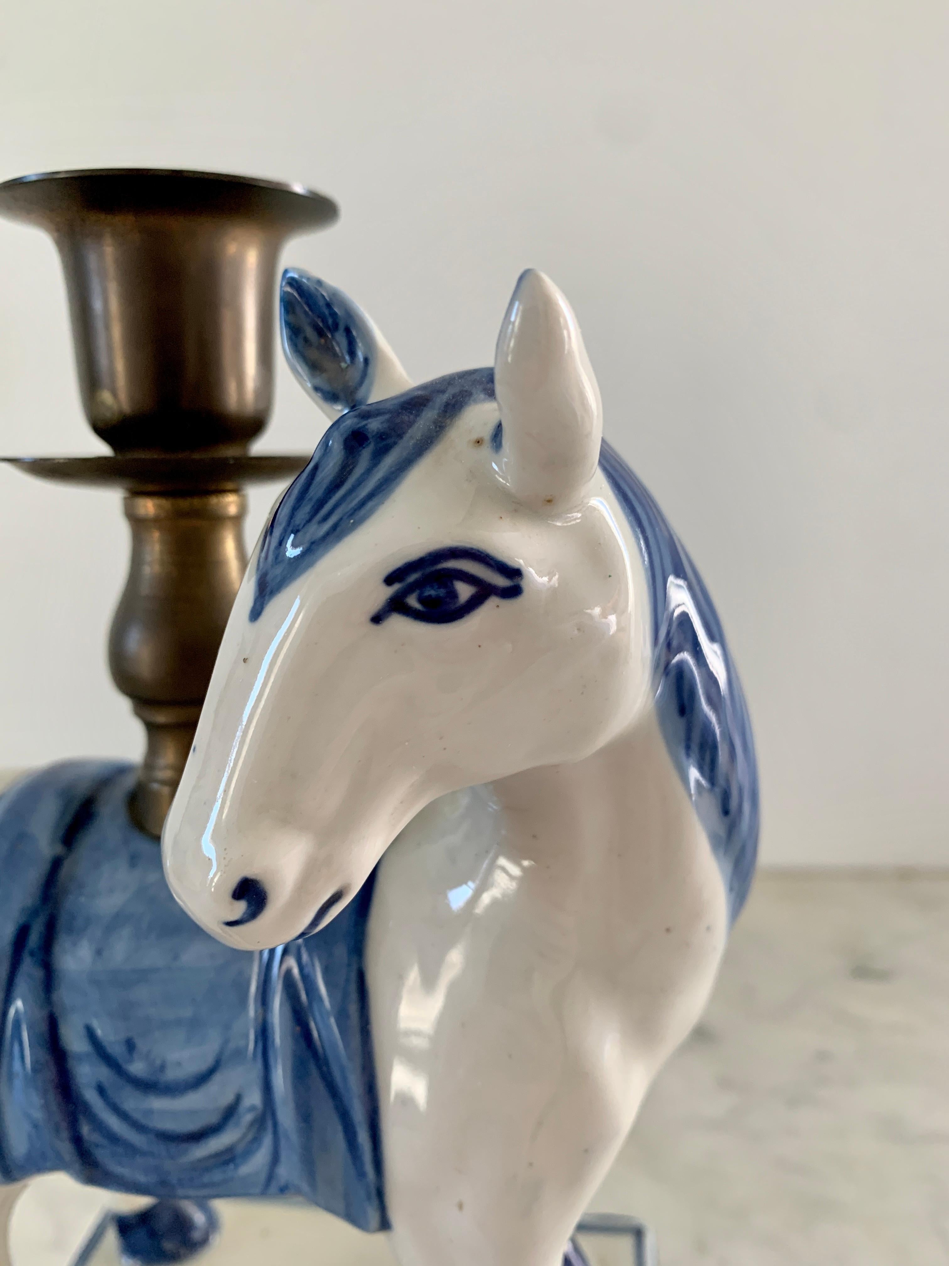 Mid-20th Century Italian Blue and White Porcelain Horse Candle Holders, Pair In Good Condition In Elkhart, IN
