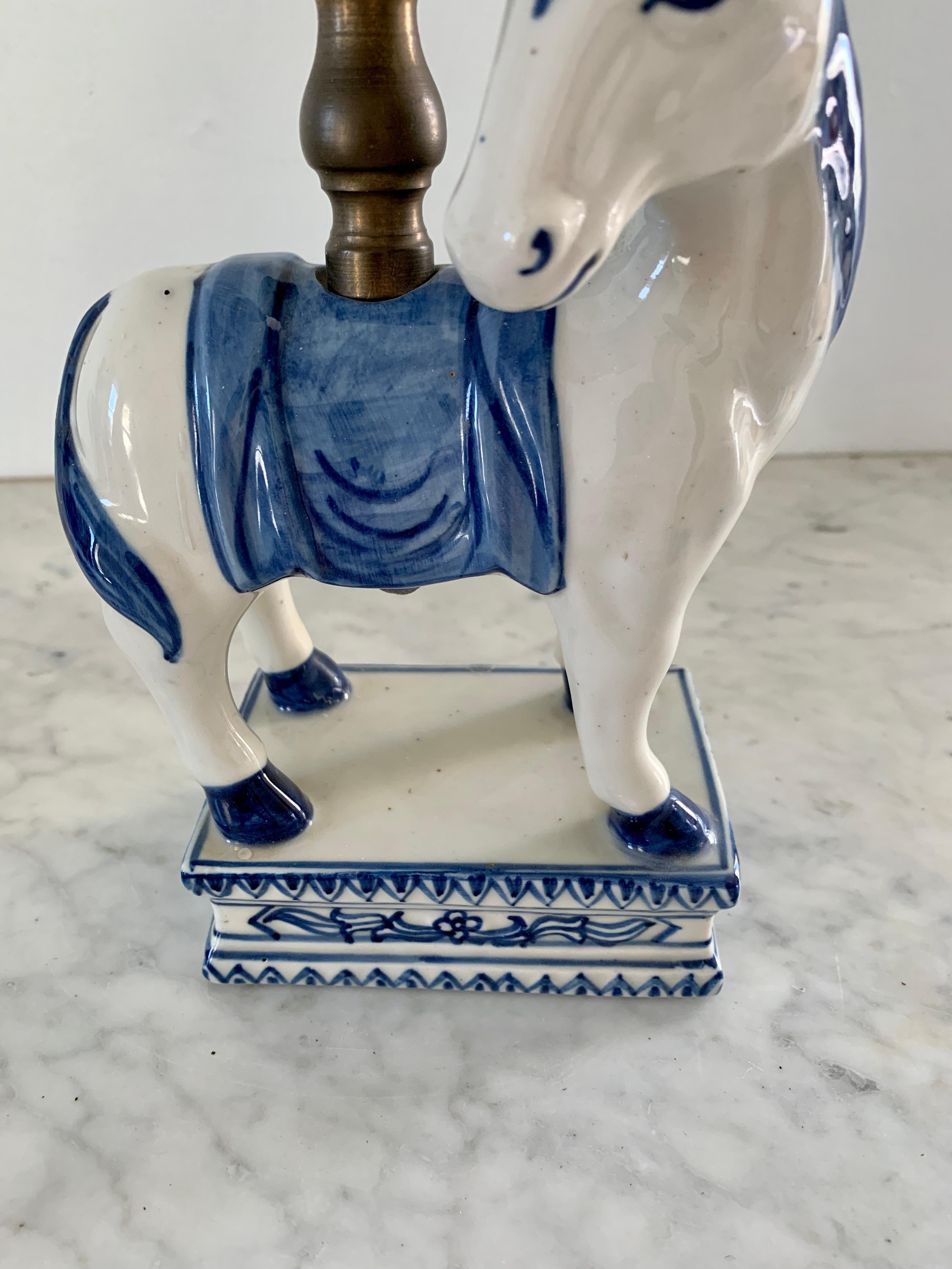 Brass Mid-20th Century Italian Blue and White Porcelain Horse Candle Holders, Pair