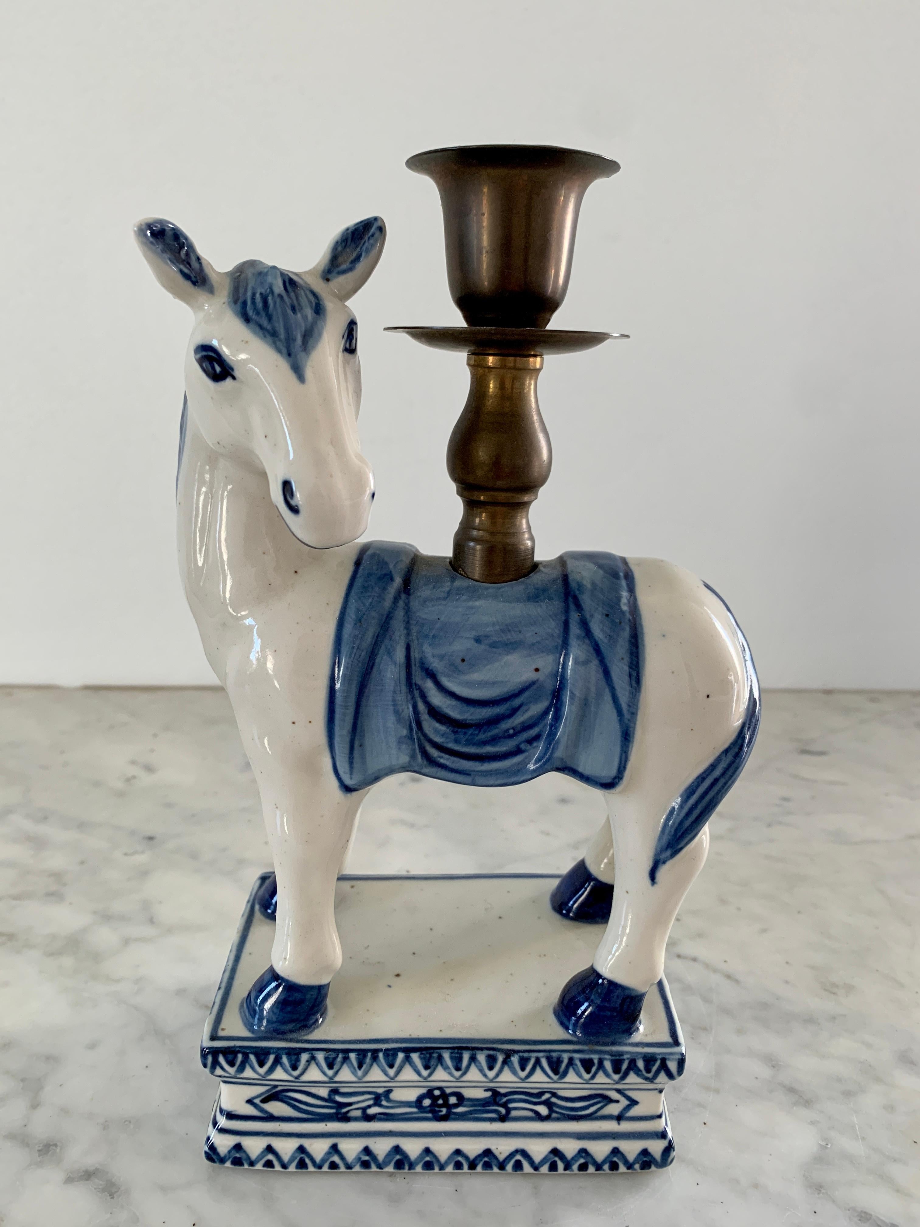 Mid-20th Century Italian Blue and White Porcelain Horse Candle Holders, Pair 1