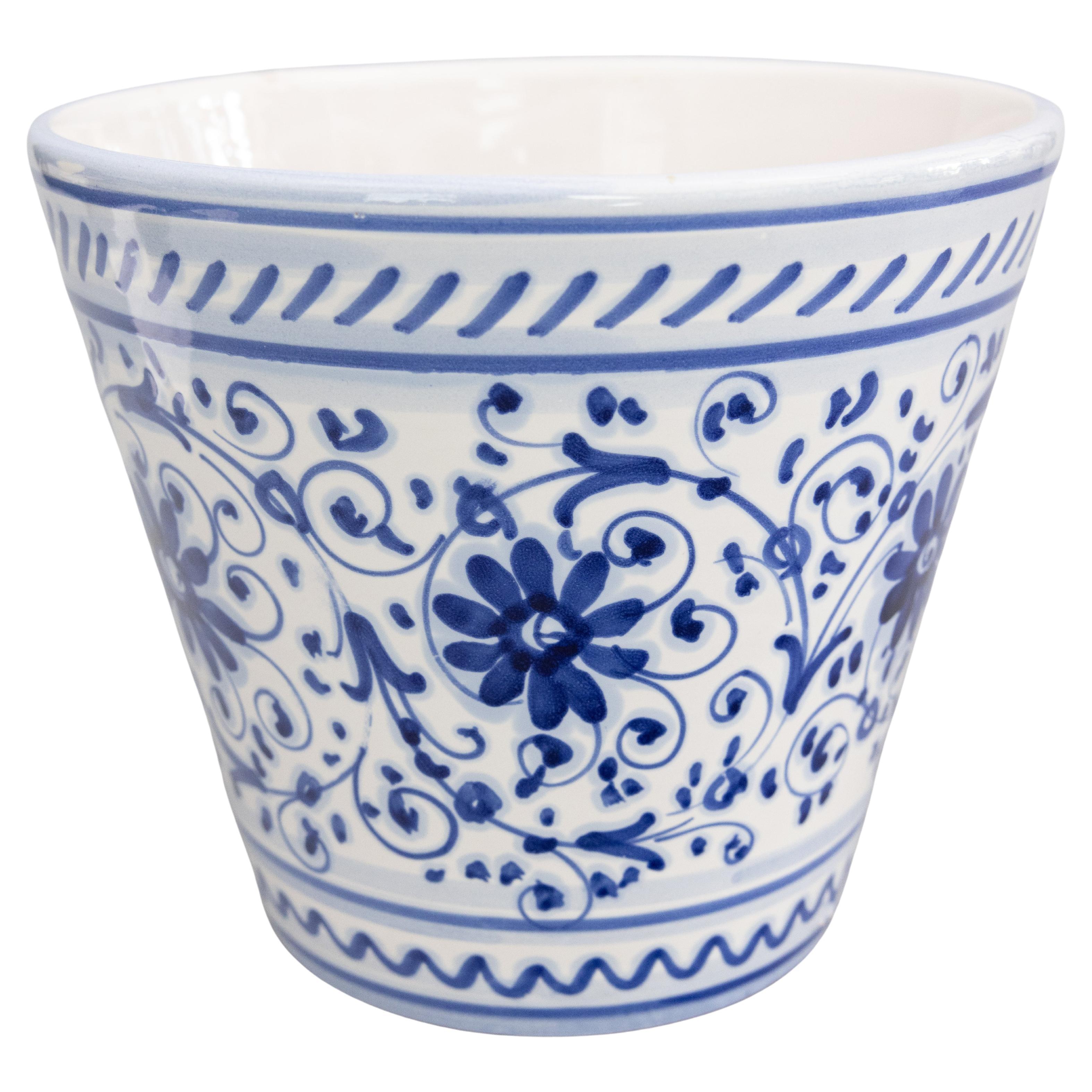 Mid-20th Century Italian Blue & White Floral Ceramic Planter Jardiniere Cachepot For Sale