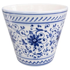 Antique Mid-20th Century Italian Blue & White Floral Ceramic Planter Jardiniere Cachepot