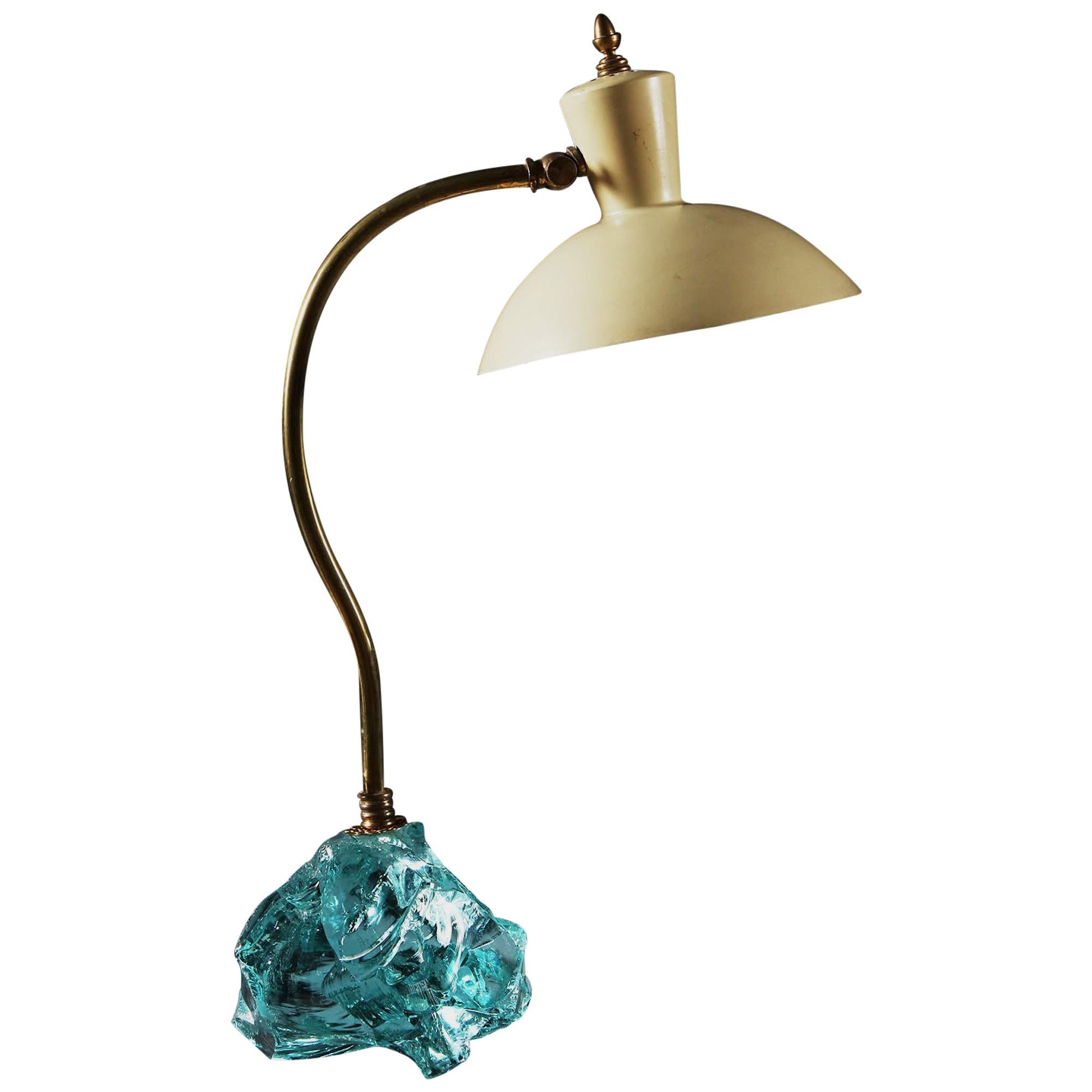 Mid-20th Century Italian Brass and Enamel Desk Lamp with Glass Shard Base