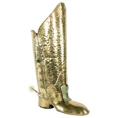 Retro Mid-20th Century Italian Brass Boot Umbrella Stand with Spur