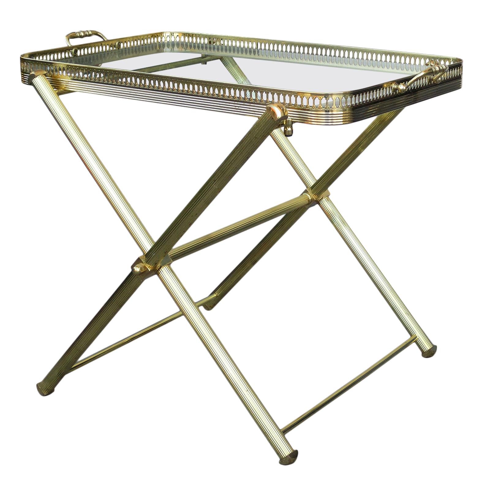 Mid-20th Century Italian Brass and Glass Tray on Folding Stand as Side Table