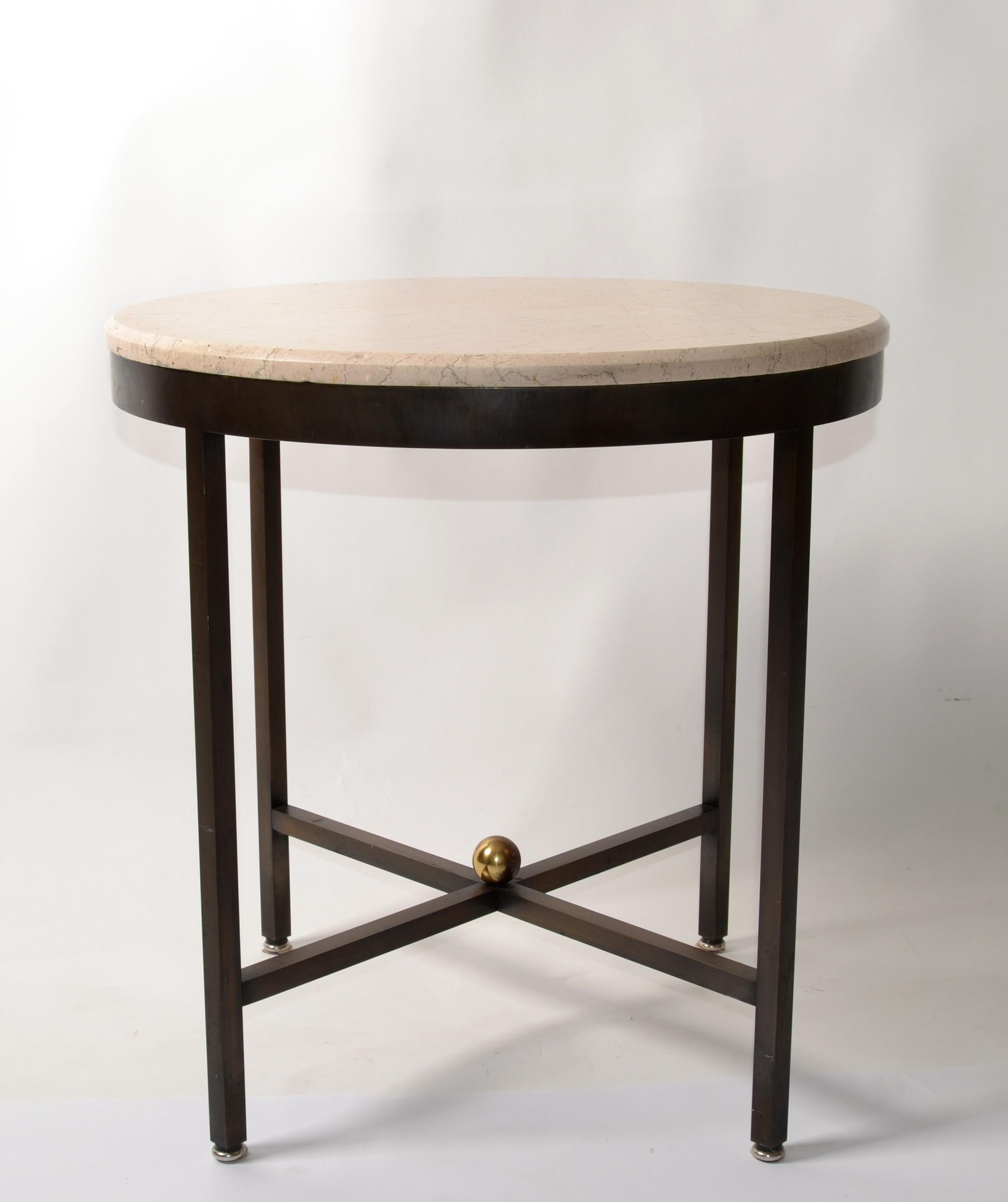 Mid-20th Century Roche Bobois Style round Bronze Side Table with cross Stretchers and a polished Ball Brass Finial.
The beveled Taupe Travertine Stone Top sits flush on the sturdy solid Bronze Base.
Made in Europe from Master Metalworkers attributed