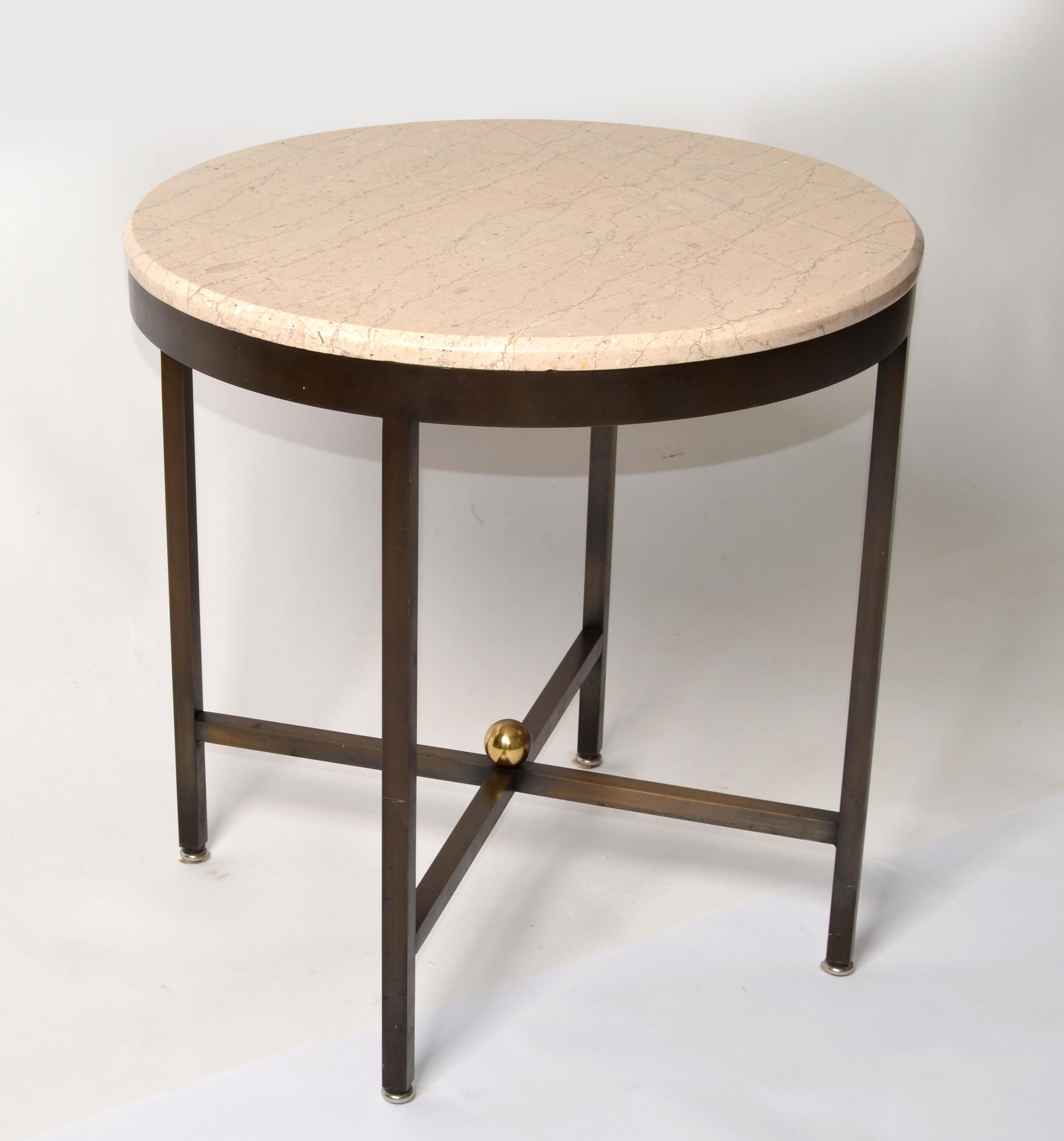 Mid-20th Century Italian Bronze Brass Beveled Round Tan Stone Top Side Table  In Good Condition For Sale In Miami, FL