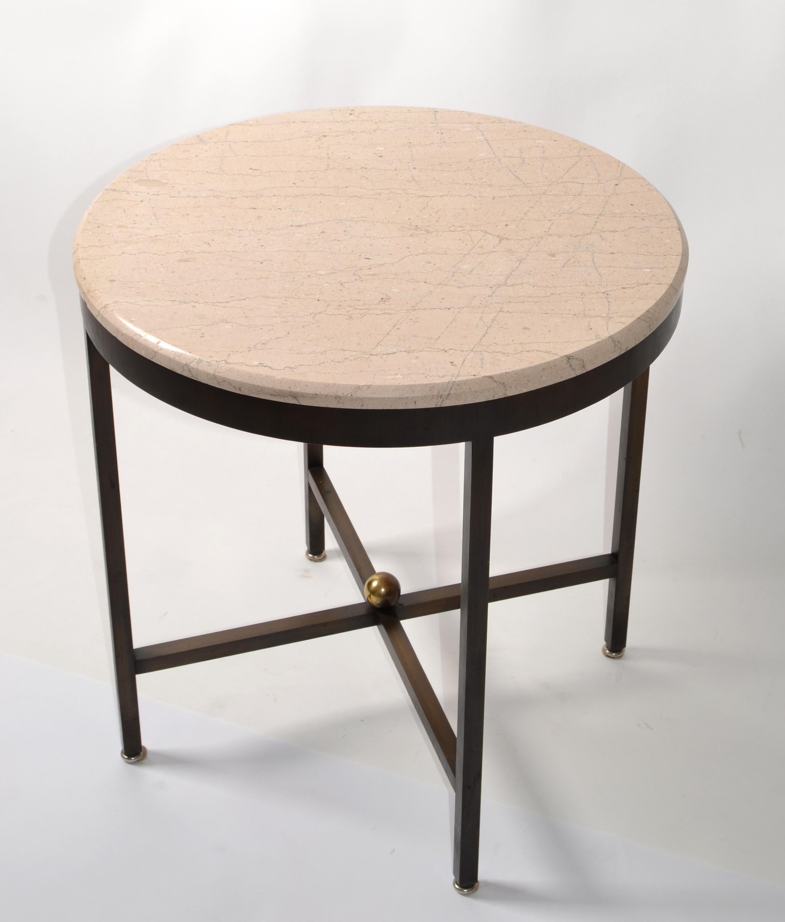Mid-20th Century Italian Bronze Brass Beveled Round Tan Stone Top Side Table  For Sale 2