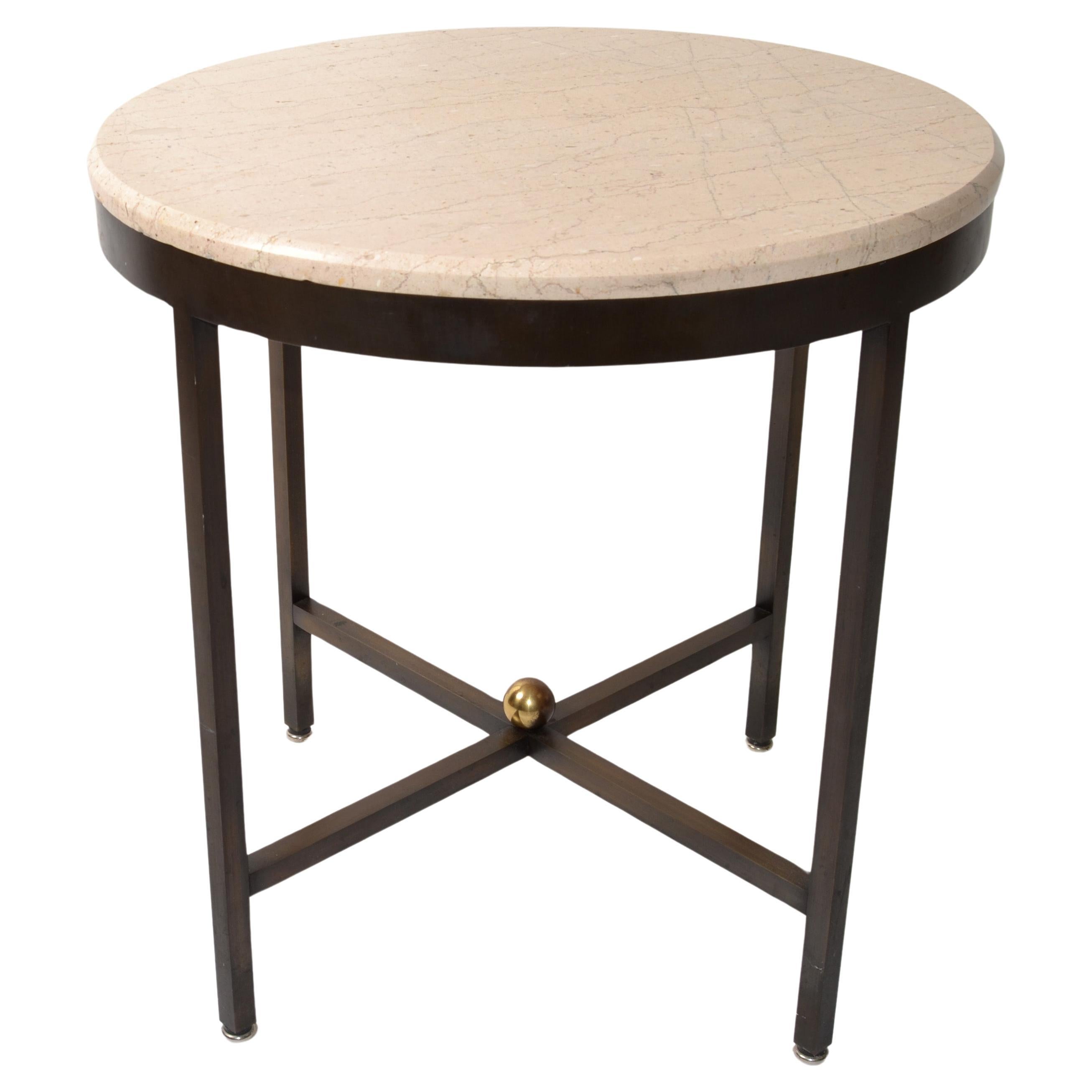 Mid-20th Century Italian Bronze Brass Beveled Round Tan Stone Top Side Table  For Sale