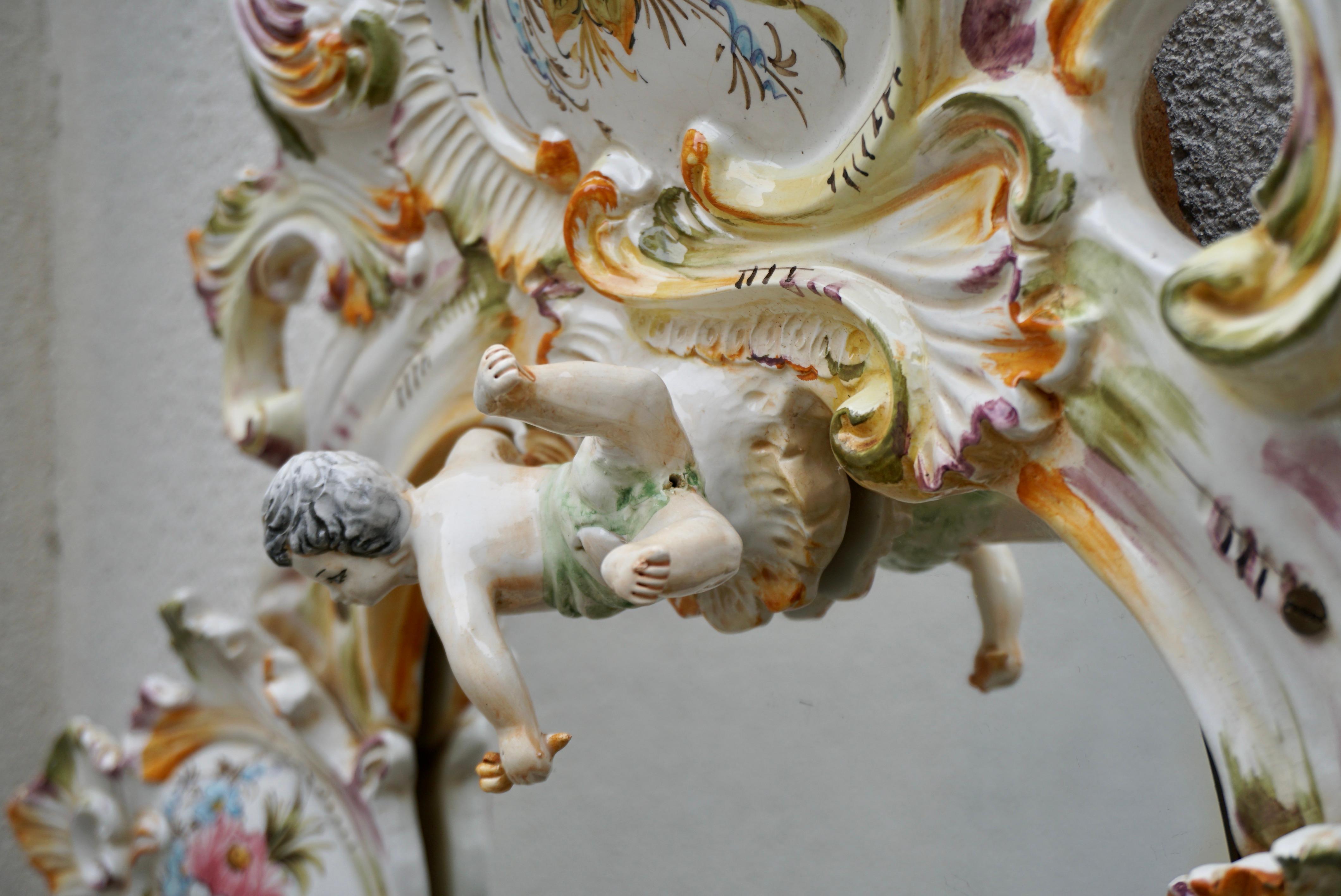 Mid-20th Century Italian Capodimonte Porcelain Mirror with Flowers and Cherubs For Sale 5