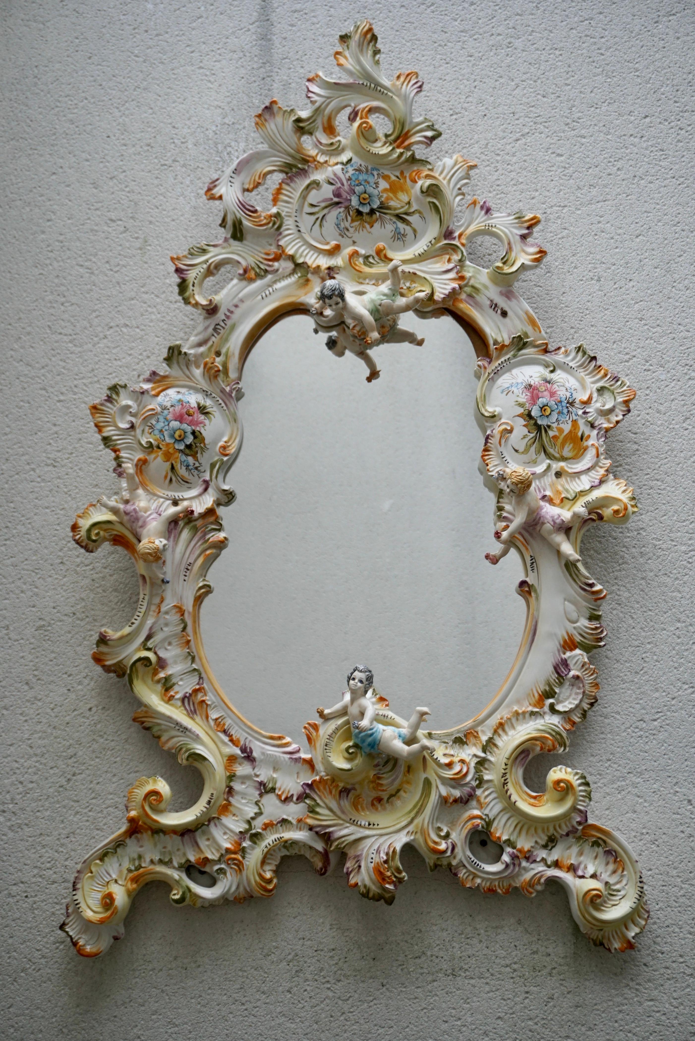 Hollywood Regency Mid-20th Century Italian Capodimonte Porcelain Mirror with Flowers and Cherubs For Sale
