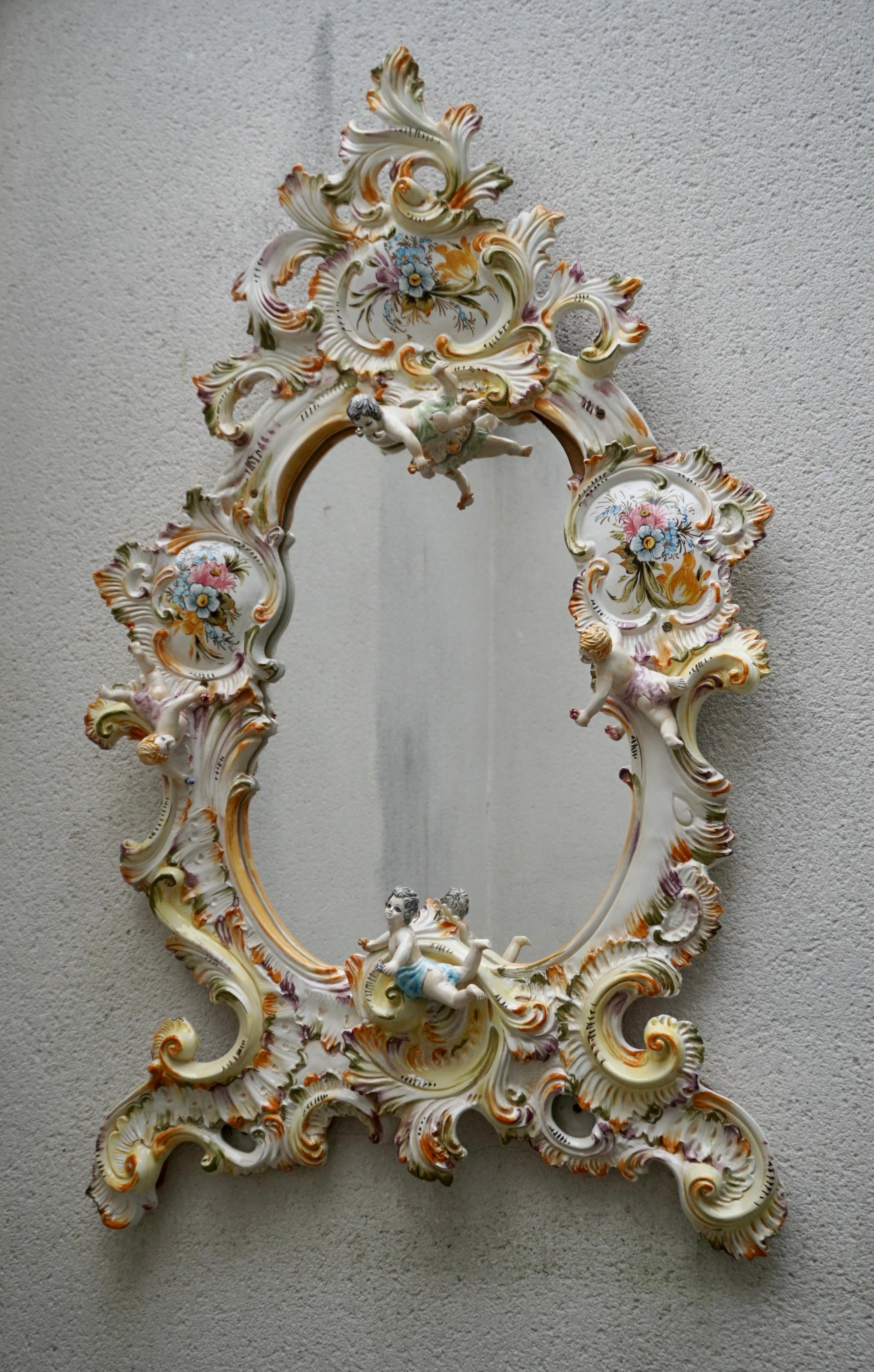 Painted Mid-20th Century Italian Capodimonte Porcelain Mirror with Flowers and Cherubs For Sale
