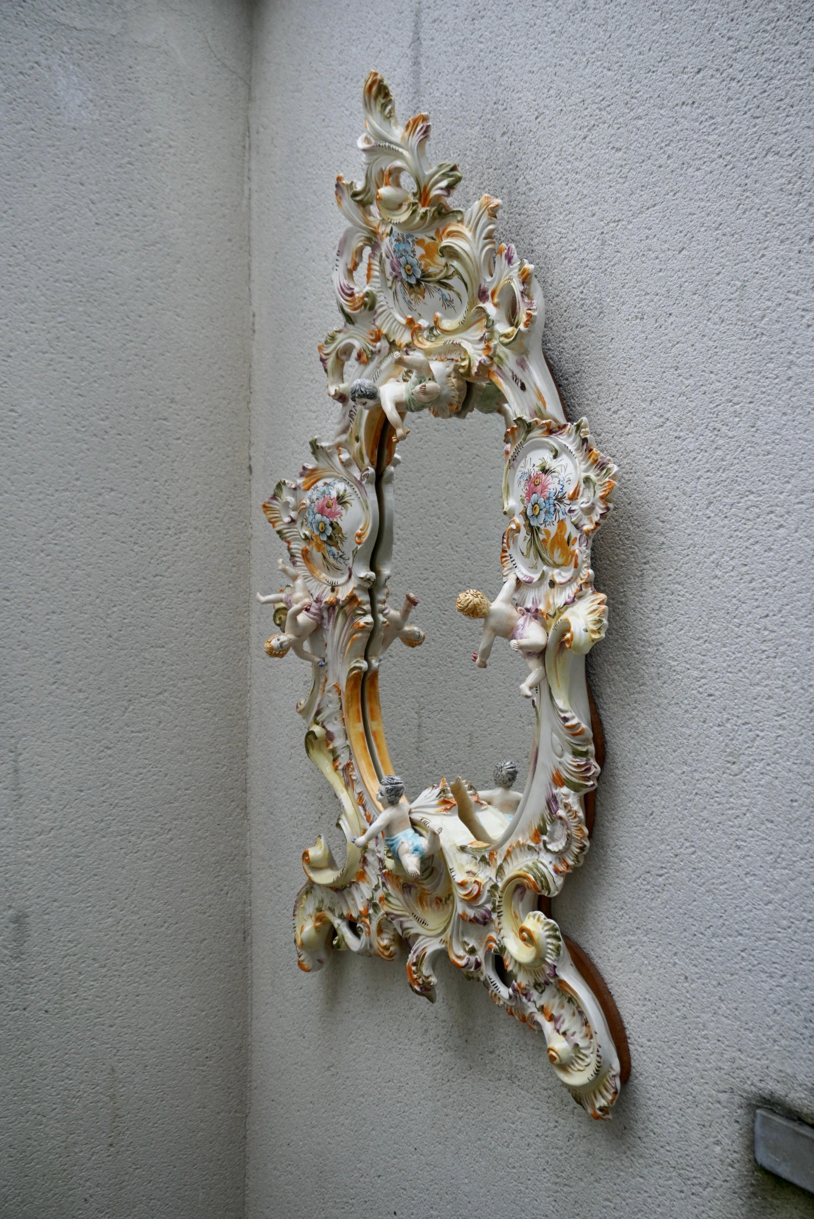 Mid-20th Century Italian Capodimonte Porcelain Mirror with Flowers and Cherubs For Sale 1