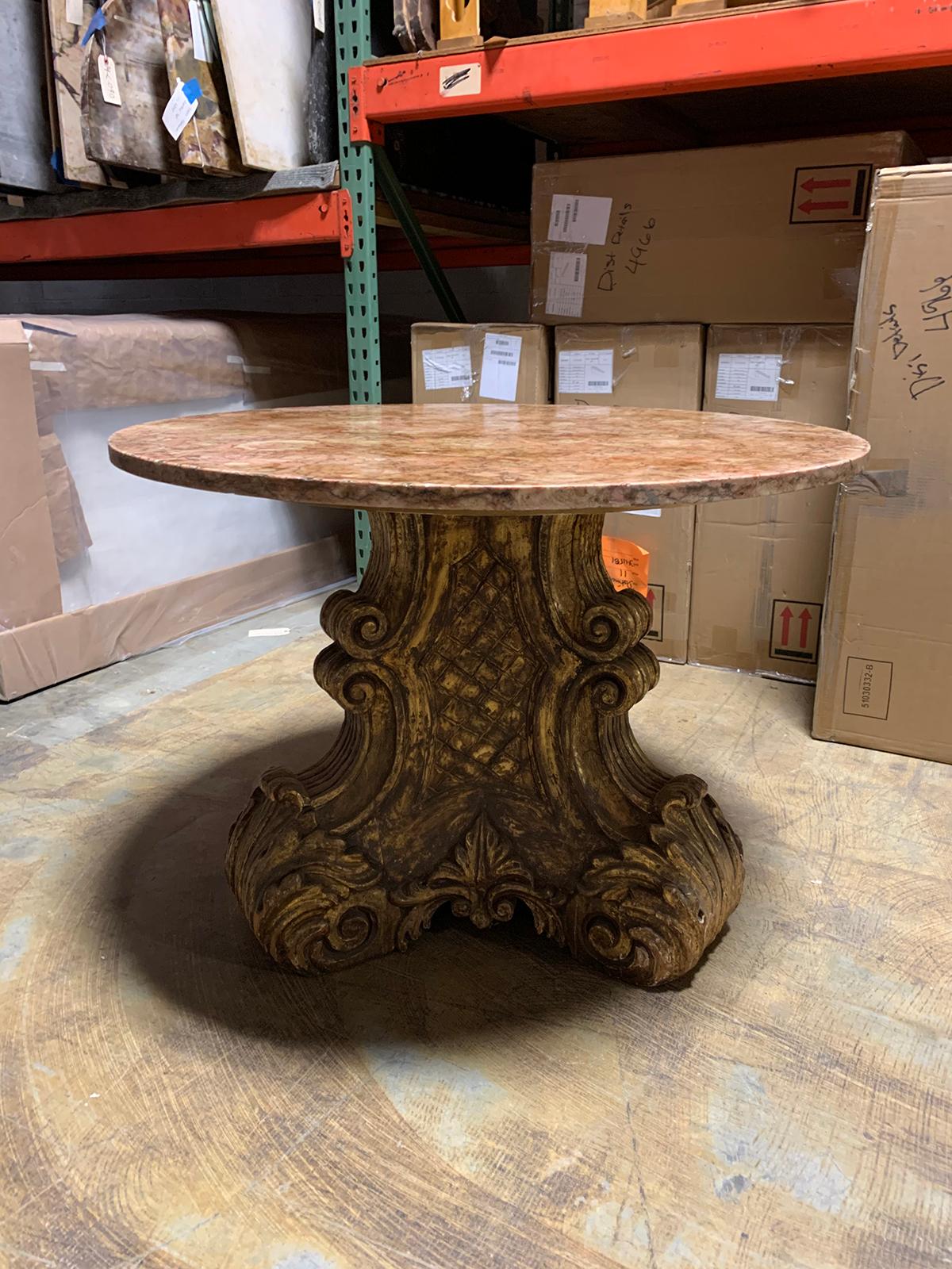 Hand-Carved Mid-20th Century Italian Carved Giltwood Pedestal Table with Marble Top