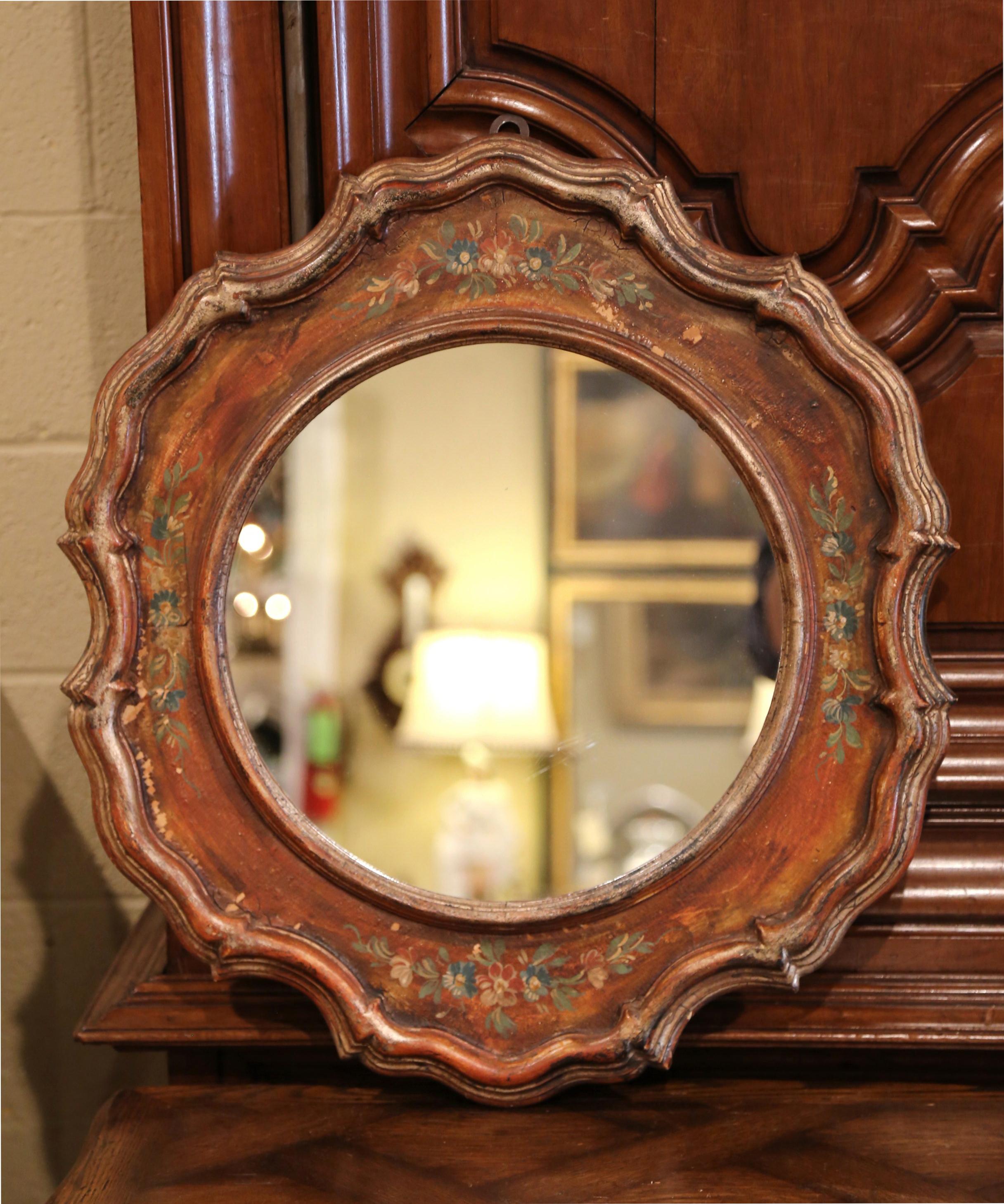 Napoleon III Mid-20th Century Italian Carved Hand Painted Wall Mirror with Floral Decor
