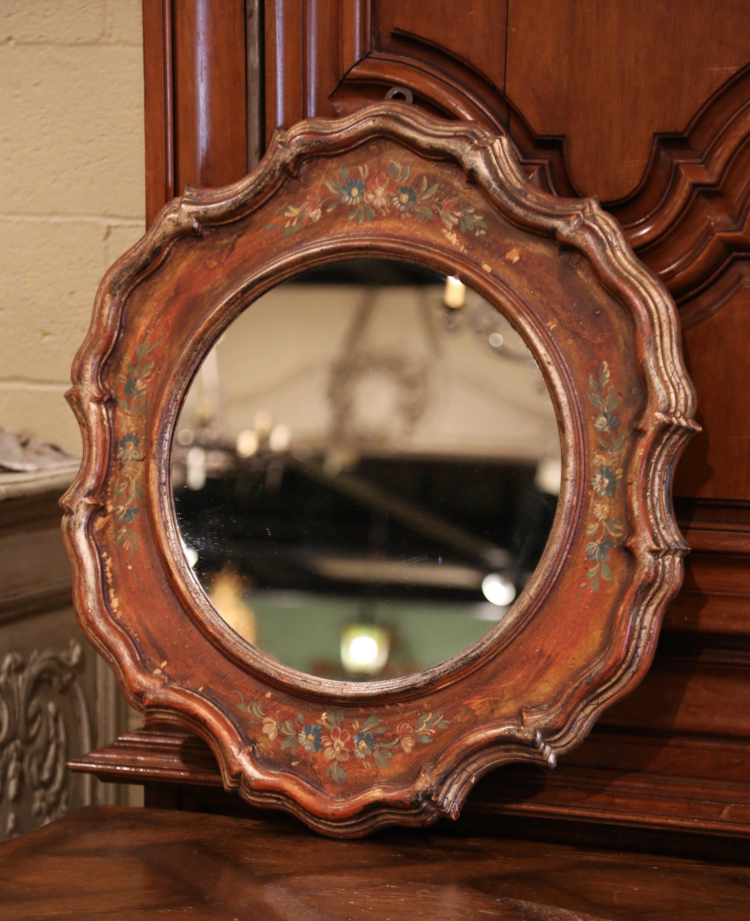 Hand-Painted Mid-20th Century Italian Carved Hand Painted Wall Mirror with Floral Decor