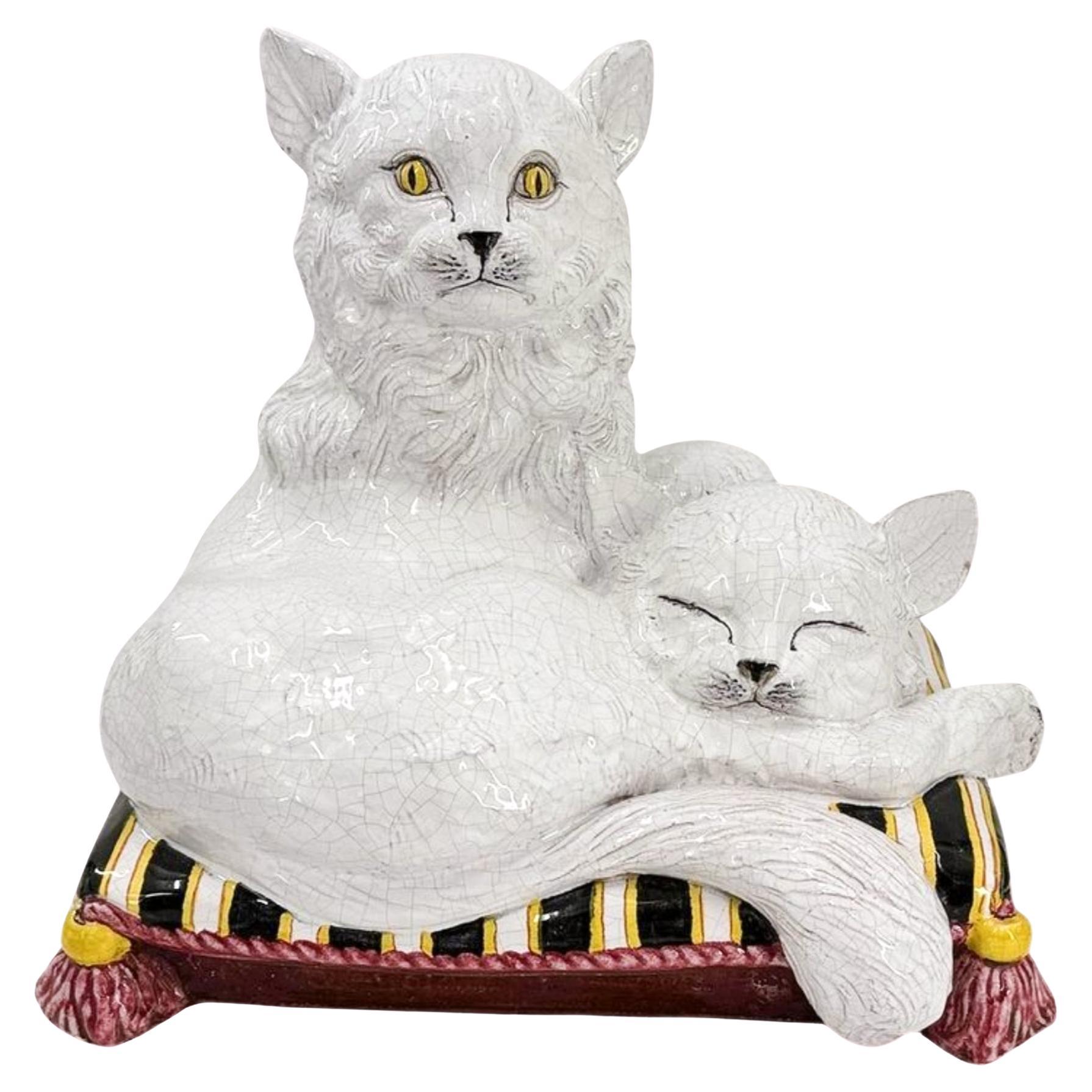 Mid-20th Century Italian Ceccarelli Ceramic Cats on Cushion