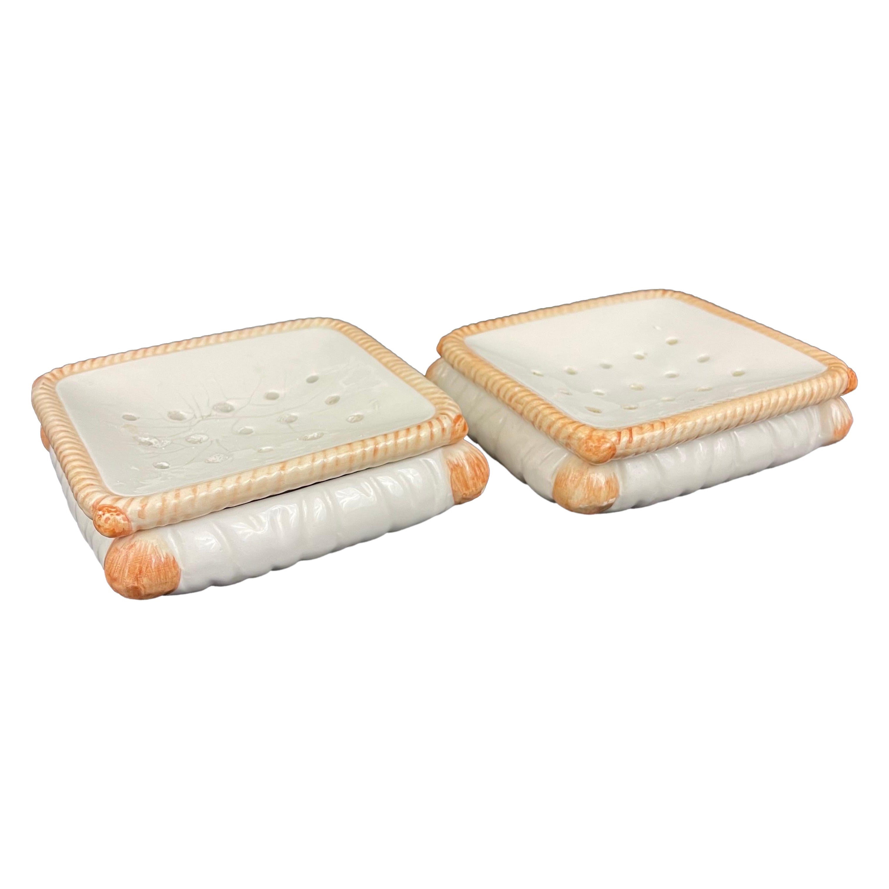 Mid-20th Century Italian Ceramic Pillow Form Soap Dishes - a Pair For Sale