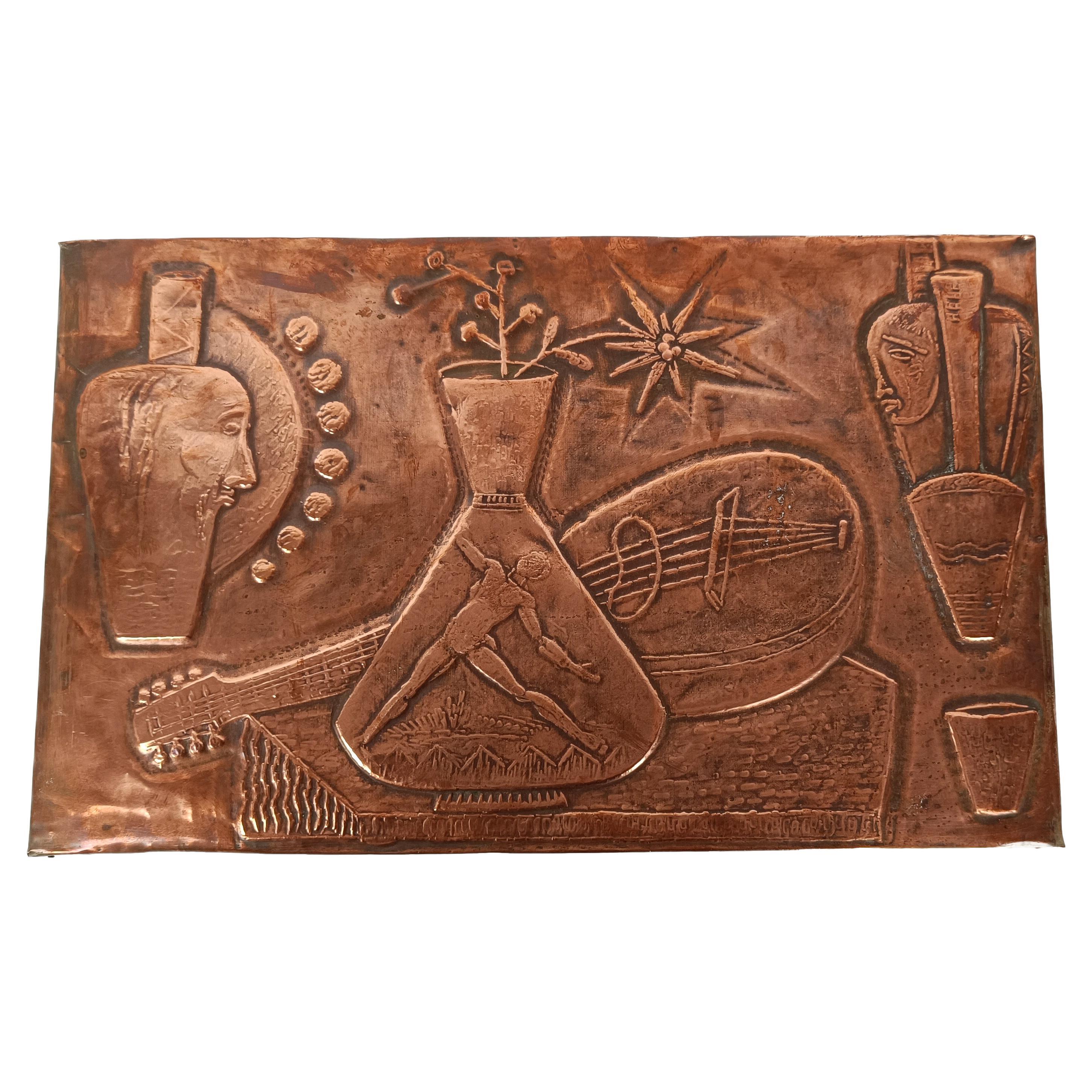 Mid-20th Century Italian Copper Sculpture Panel in Cubist Style, 50s
