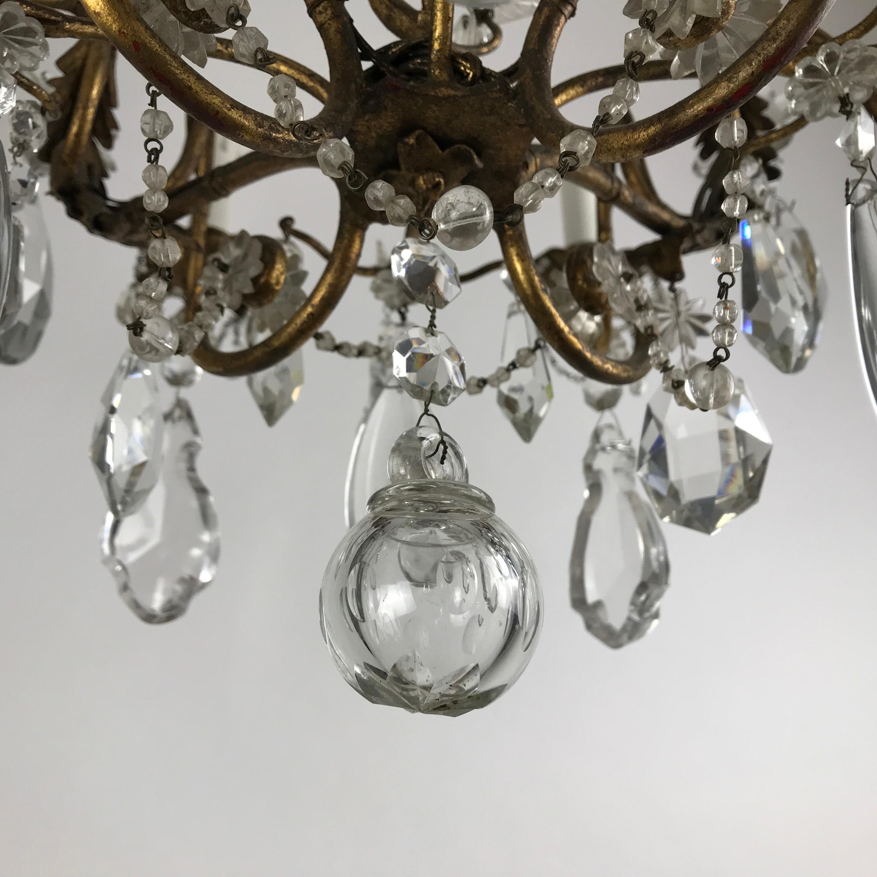 Mid-20th Century Italian Crystal Chandelier with Gilt-leaf Iron Cage Frame 5