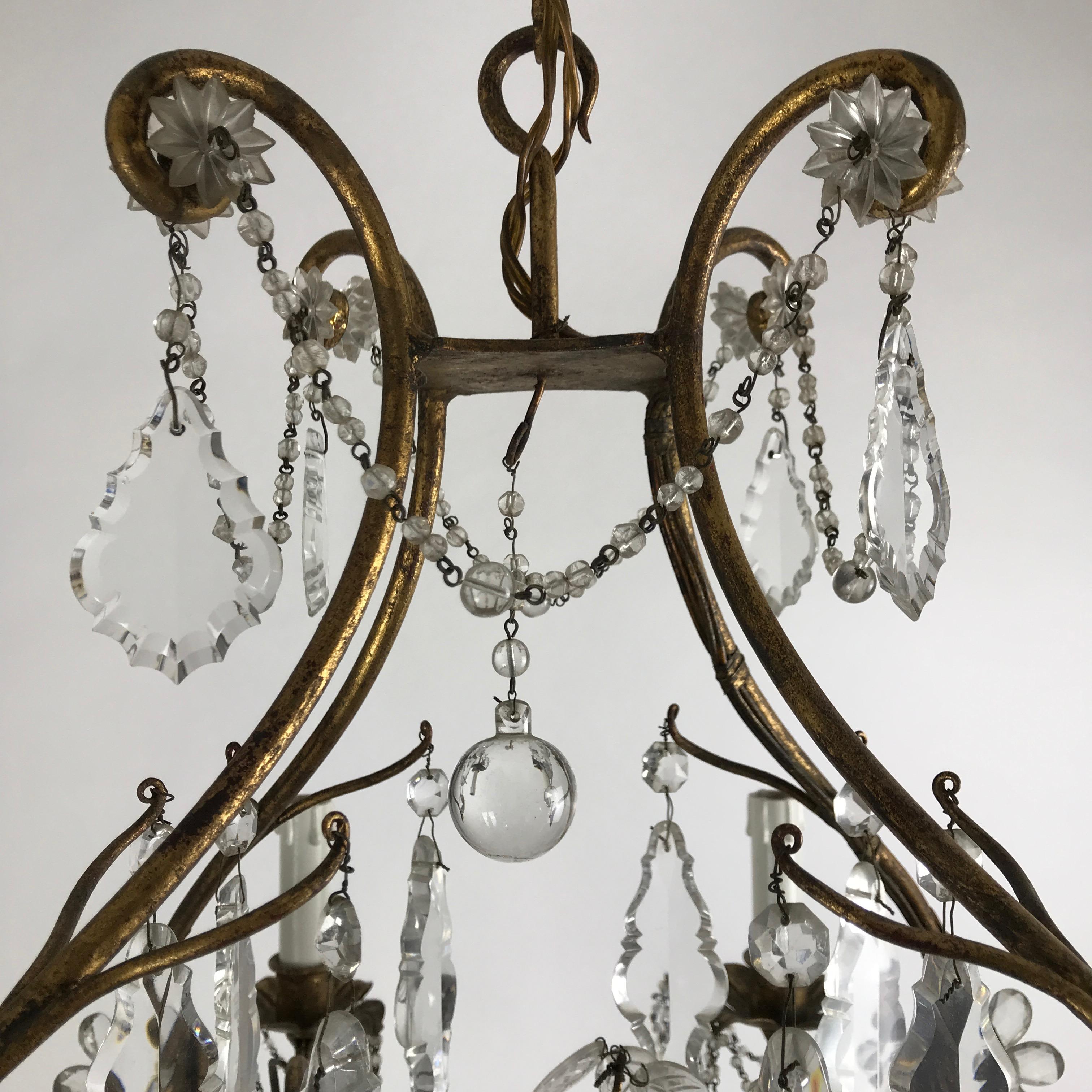 Mid-20th Century Italian Crystal Chandelier with Gilt-leaf Iron Cage Frame 6