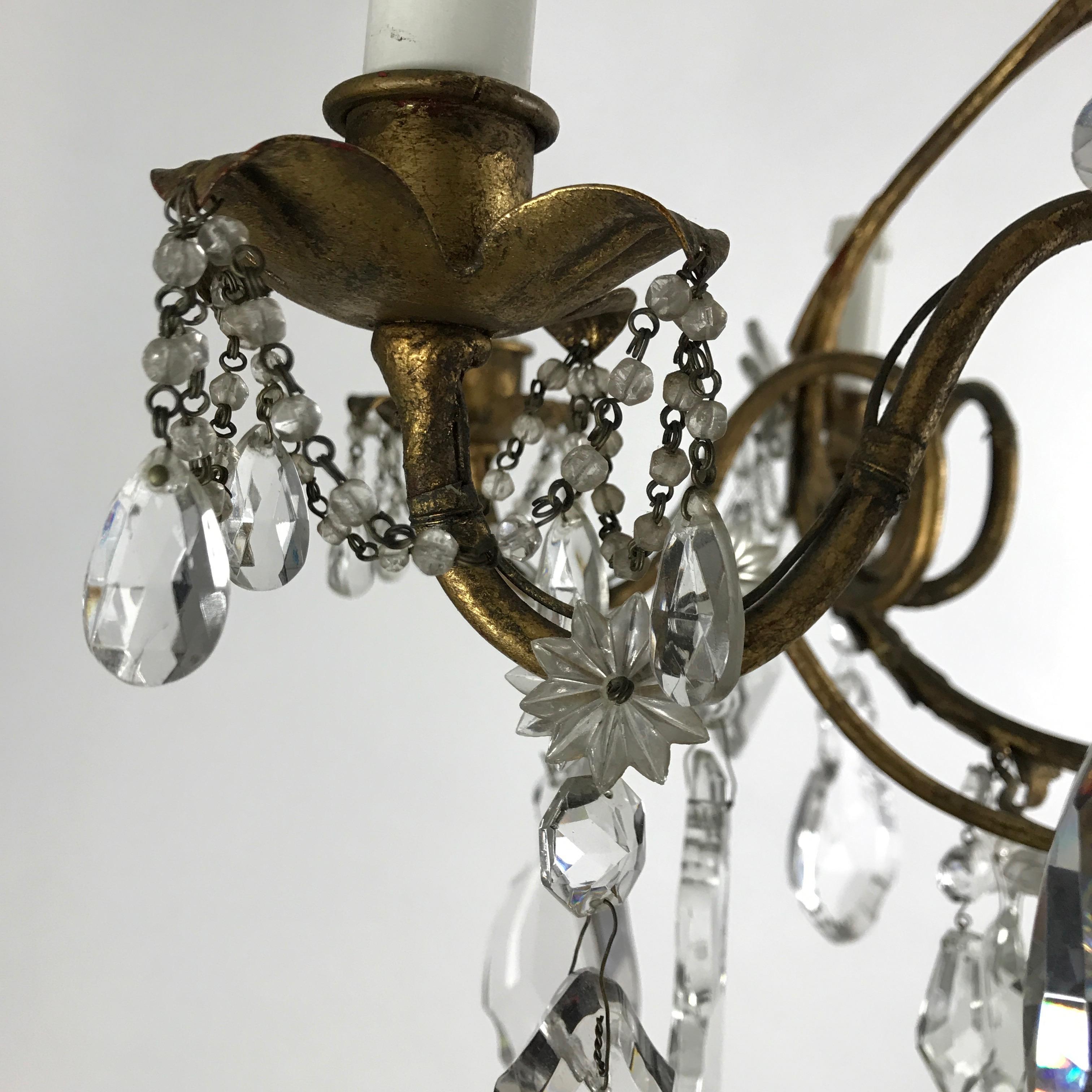 Mid-20th Century Italian Crystal Chandelier with Gilt-leaf Iron Cage Frame 7