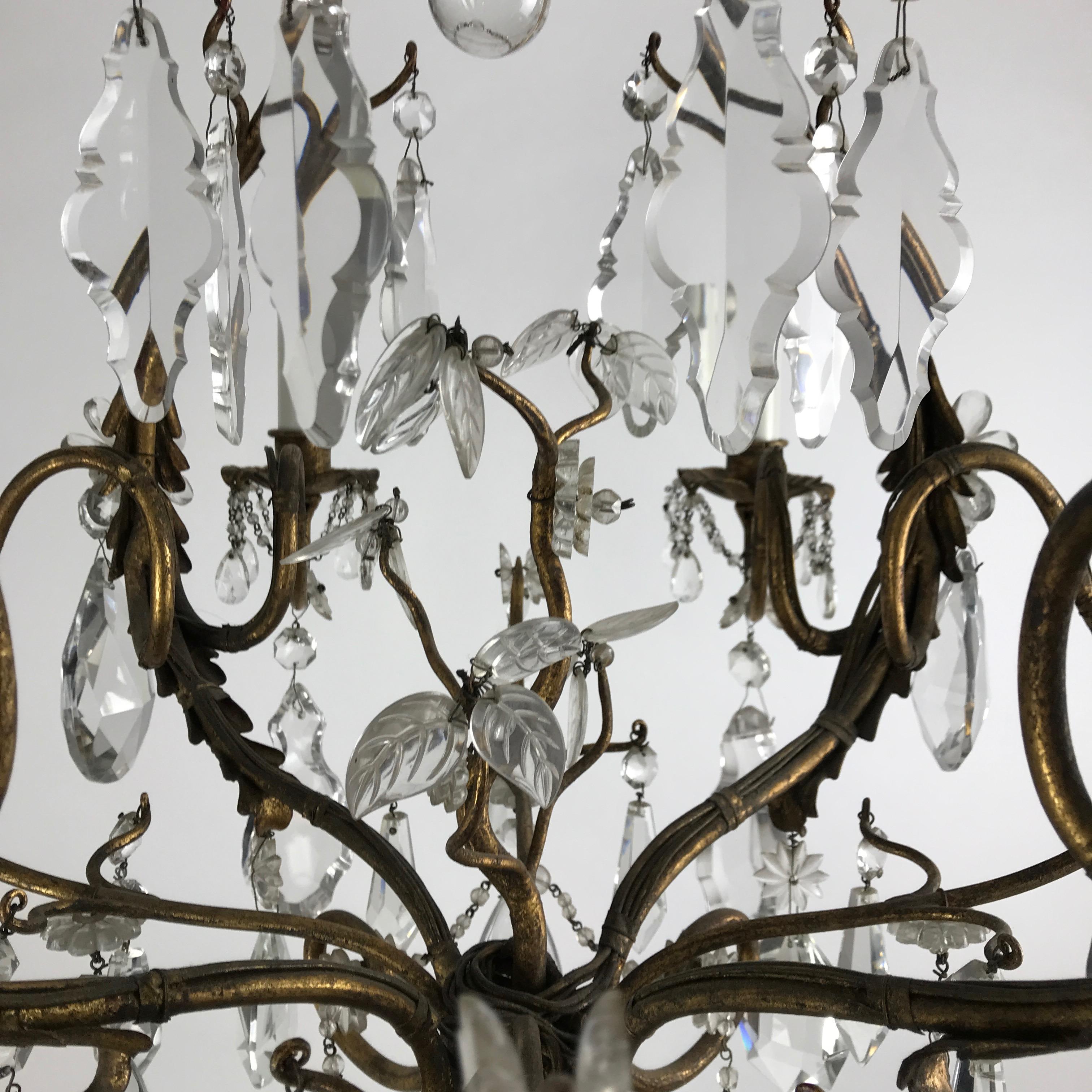 Mid-20th Century Italian Crystal Chandelier with Gilt-leaf Iron Cage Frame 8