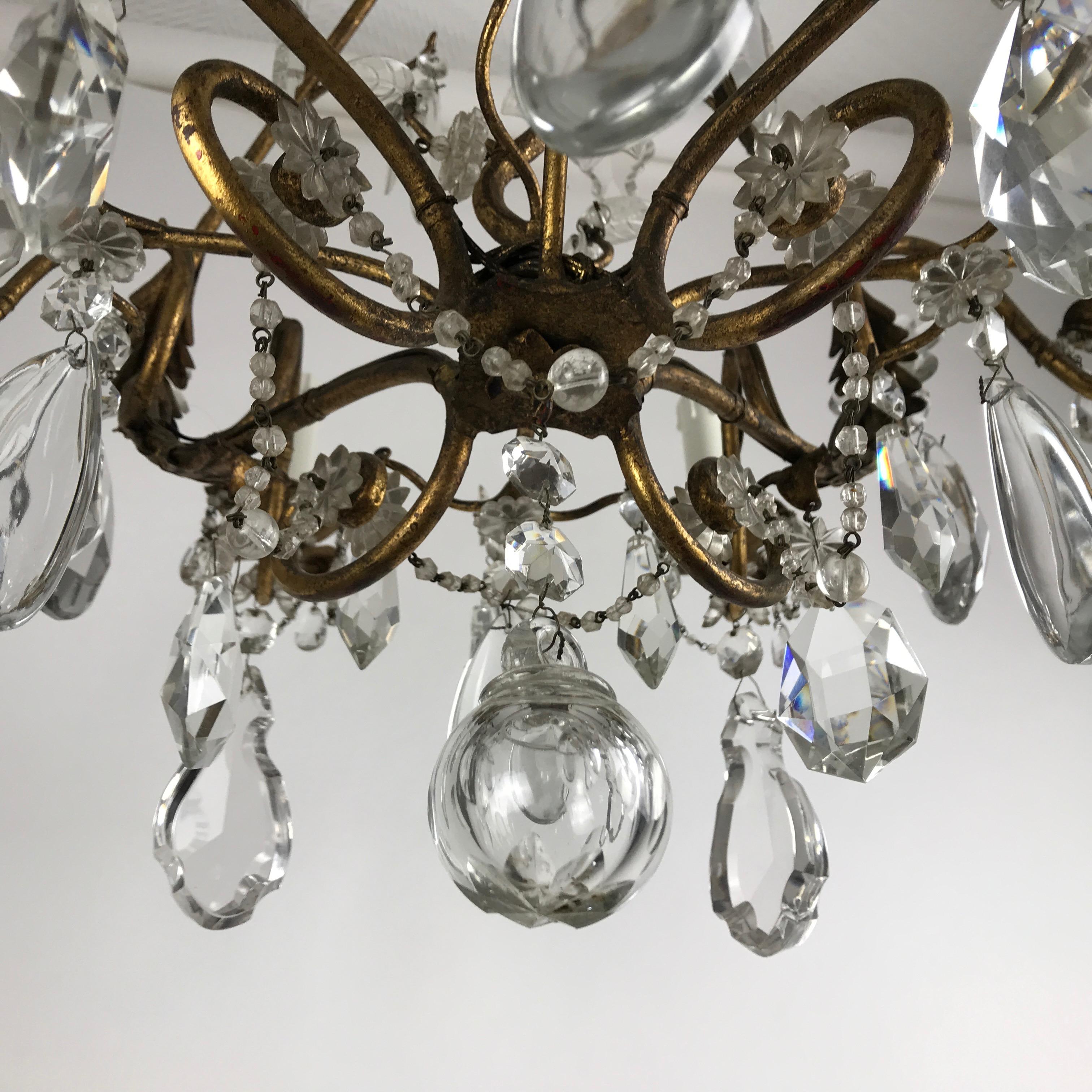 Mid-20th Century Italian Crystal Chandelier with Gilt-leaf Iron Cage Frame 9