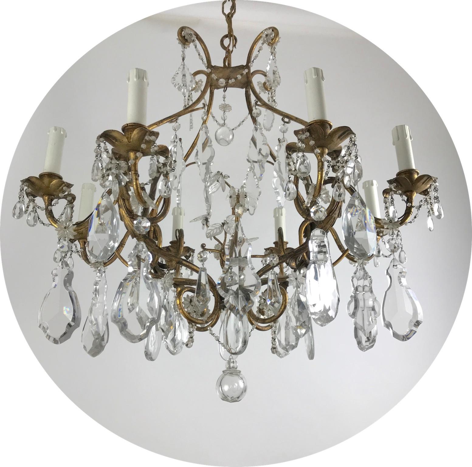 Forged Mid-20th Century Italian Crystal Chandelier with Gilt-leaf Iron Cage Frame