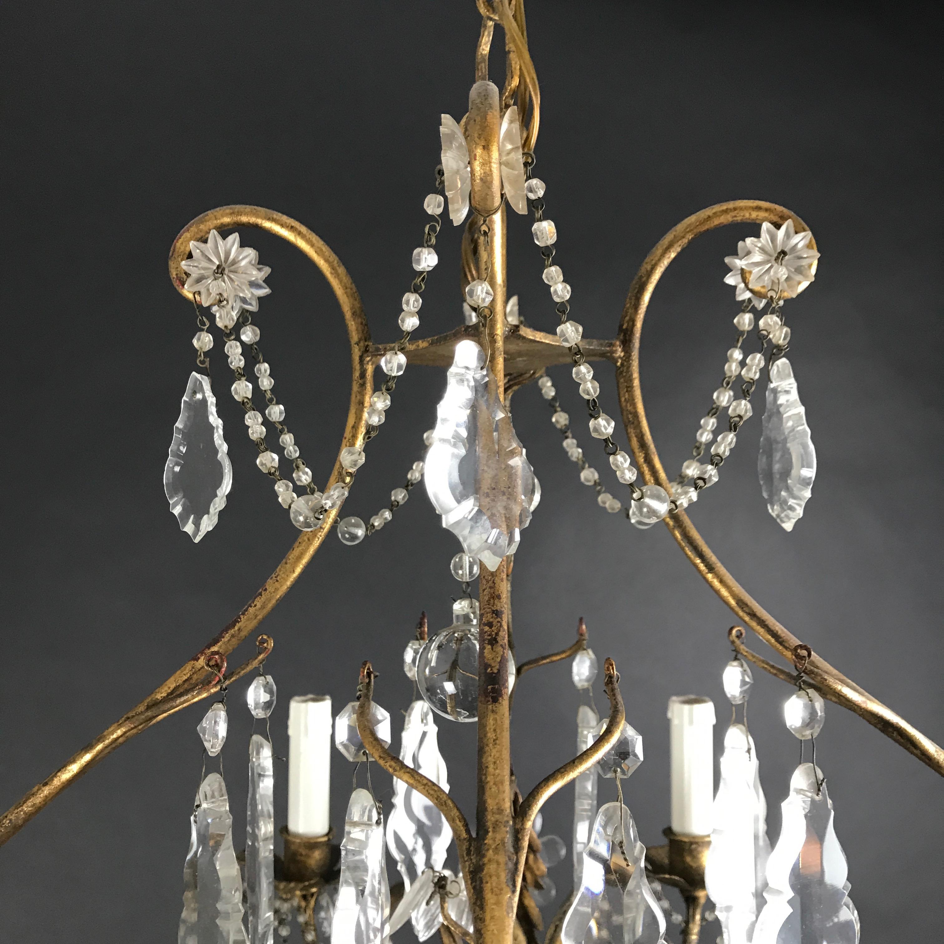 Mid-20th Century Italian Crystal Chandelier with Gilt-leaf Iron Cage Frame 1