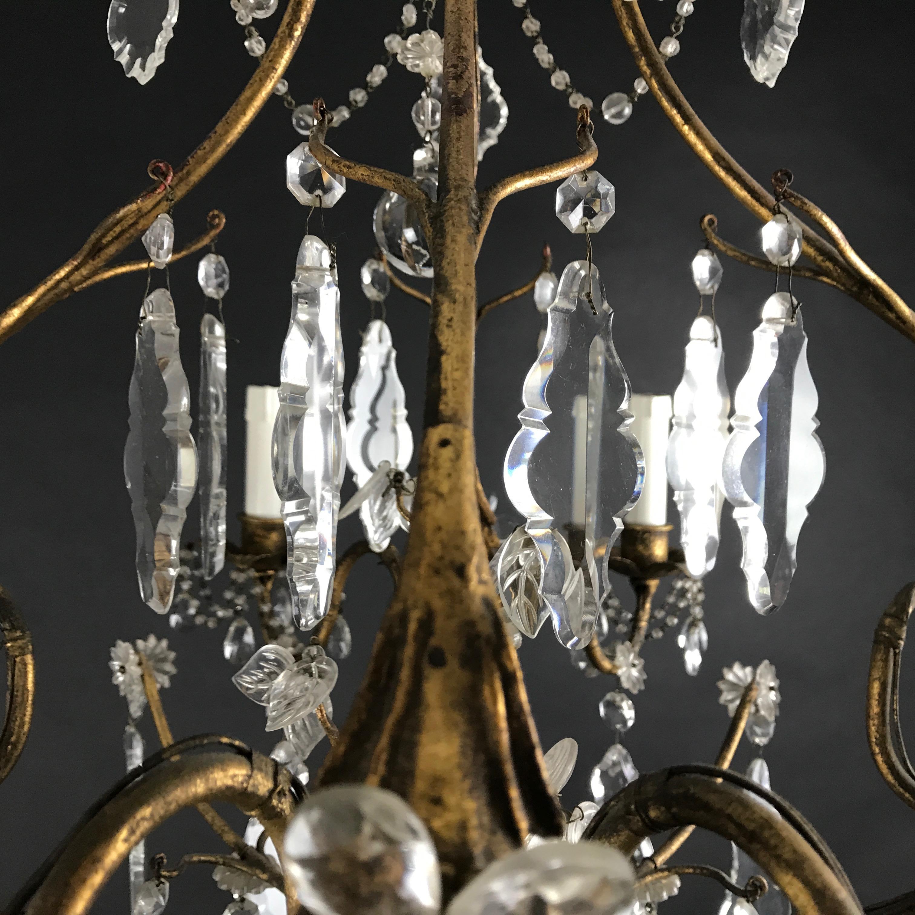 Mid-20th Century Italian Crystal Chandelier with Gilt-leaf Iron Cage Frame 2