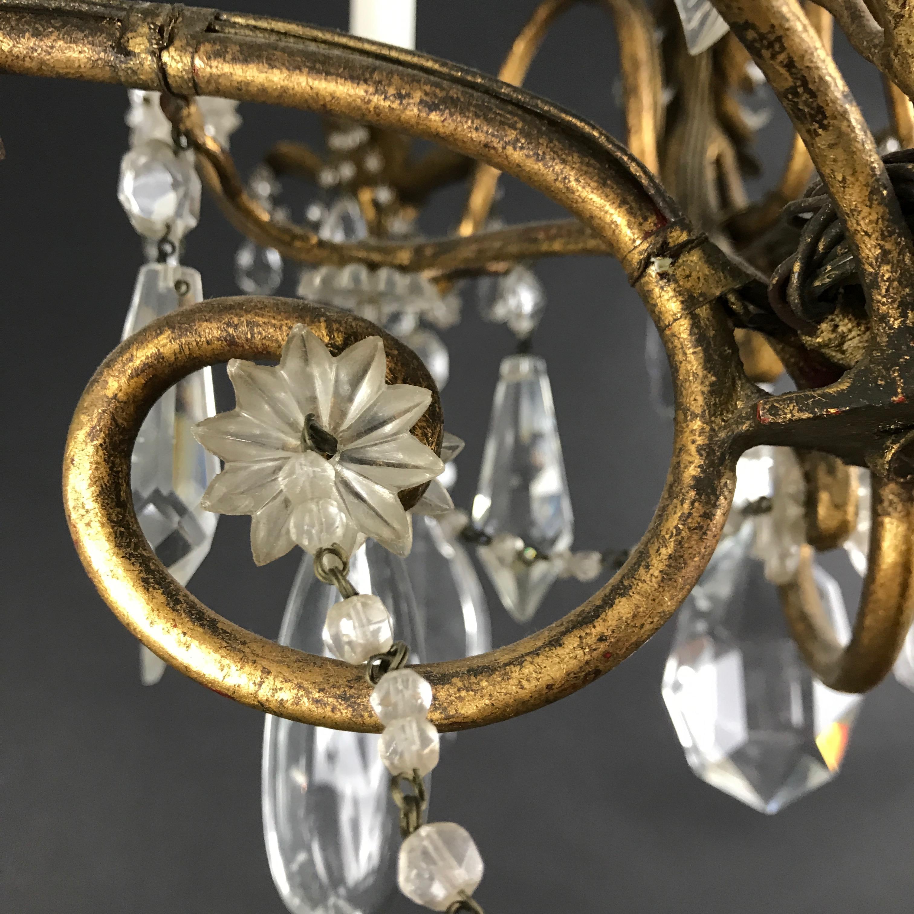 Mid-20th Century Italian Crystal Chandelier with Gilt-leaf Iron Cage Frame 4