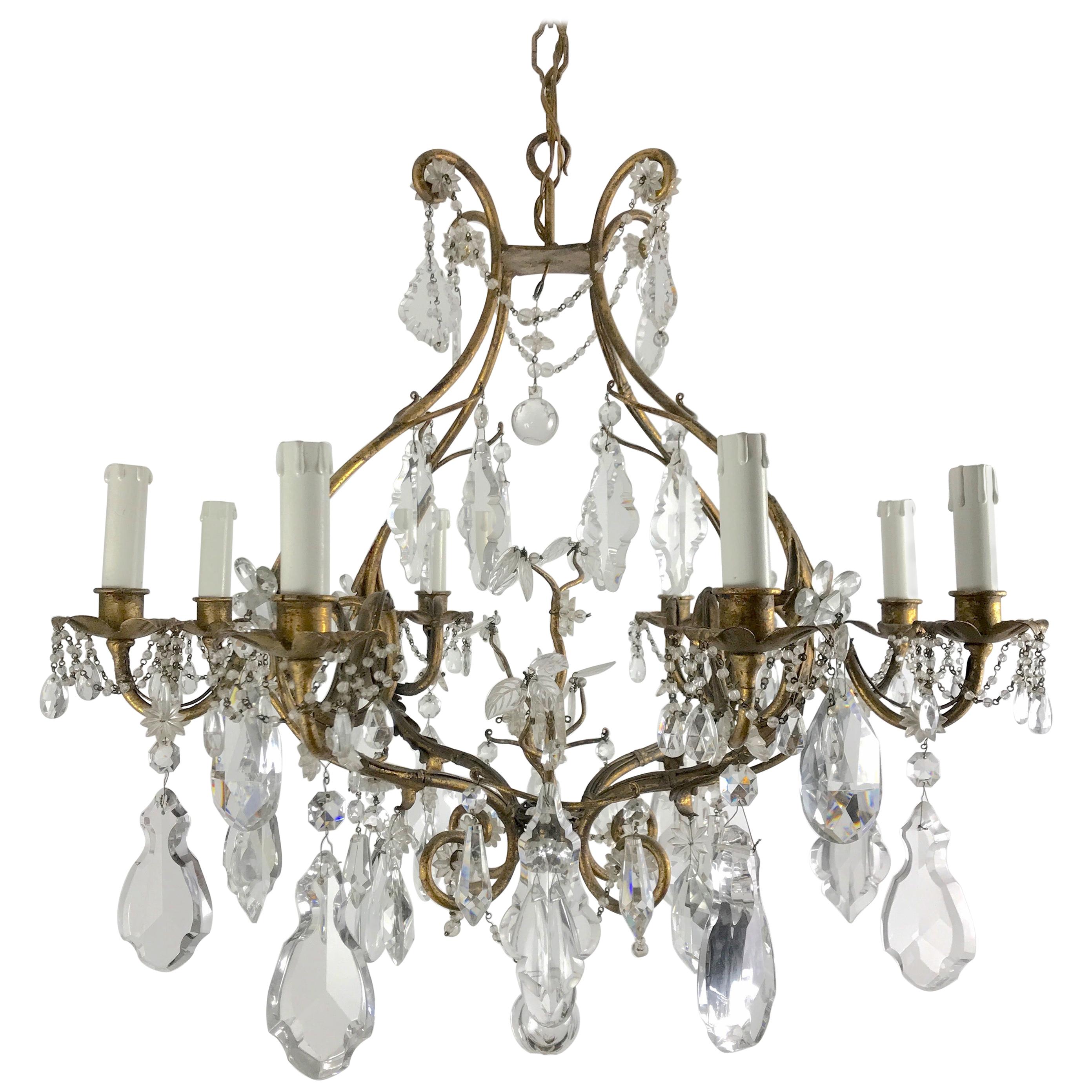Mid-20th Century Italian Crystal Chandelier with Gilt-leaf Iron Cage Frame