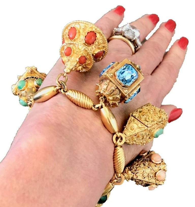 Mid20th Century Italian Etruscan Revival Charm Bracelet 8 Charms For