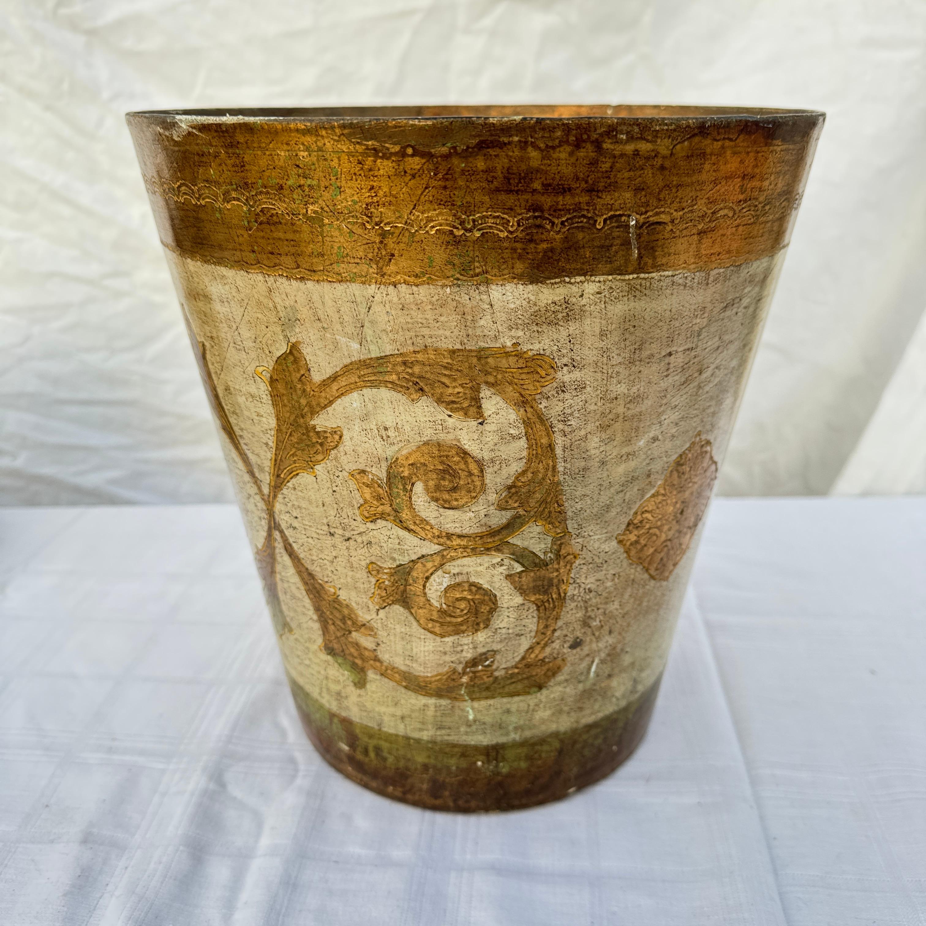 Other Mid 20th Century Wooden Italian Florentine White and Gold Giltwood Wastebasket For Sale