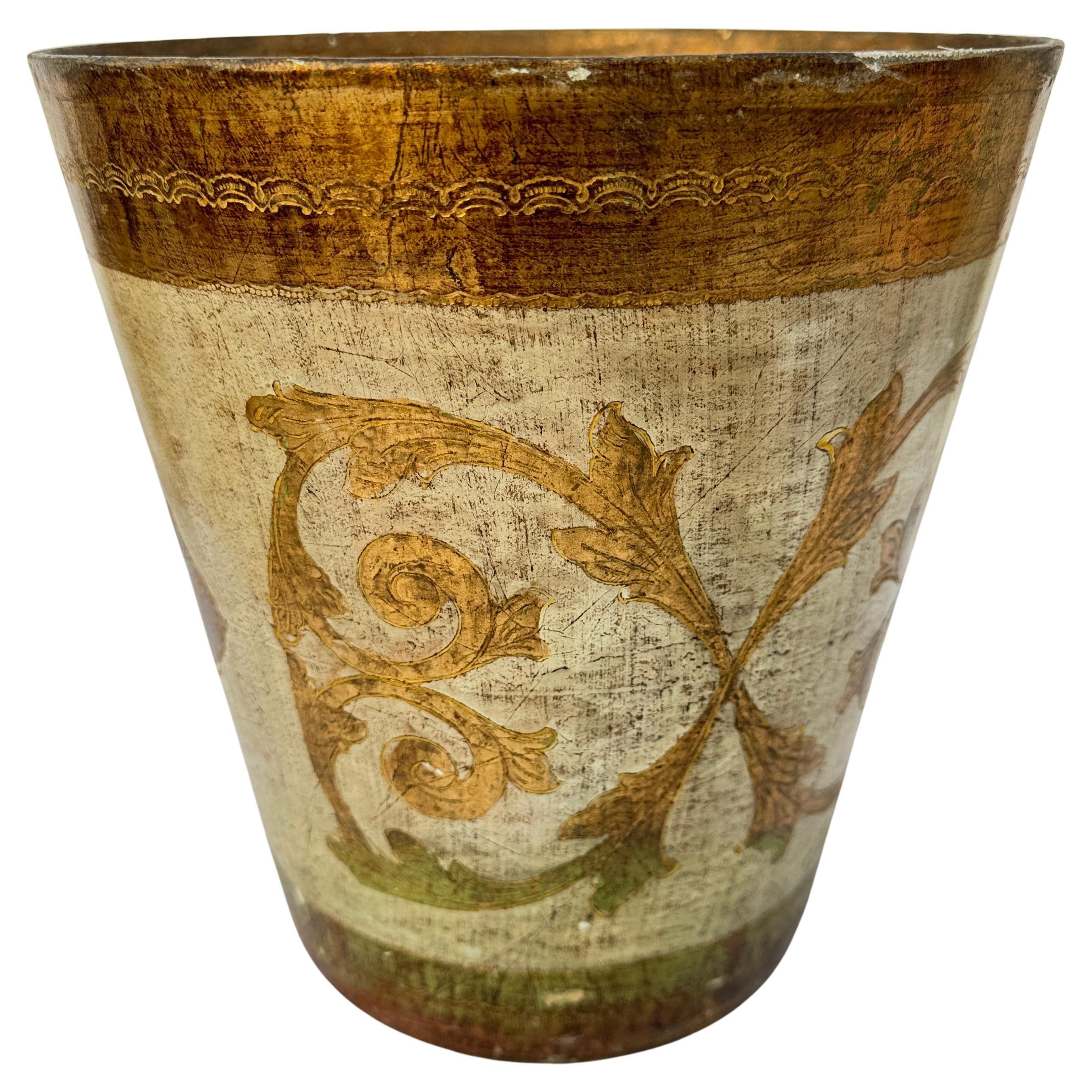 Mid 20th Century Wooden Italian Florentine White and Gold Giltwood Wastebasket For Sale