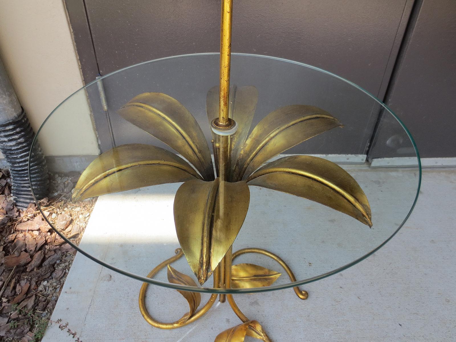 Mid-20th century Italian gilt metal floor lamp with glass table
New wiring
Glass is clear.   