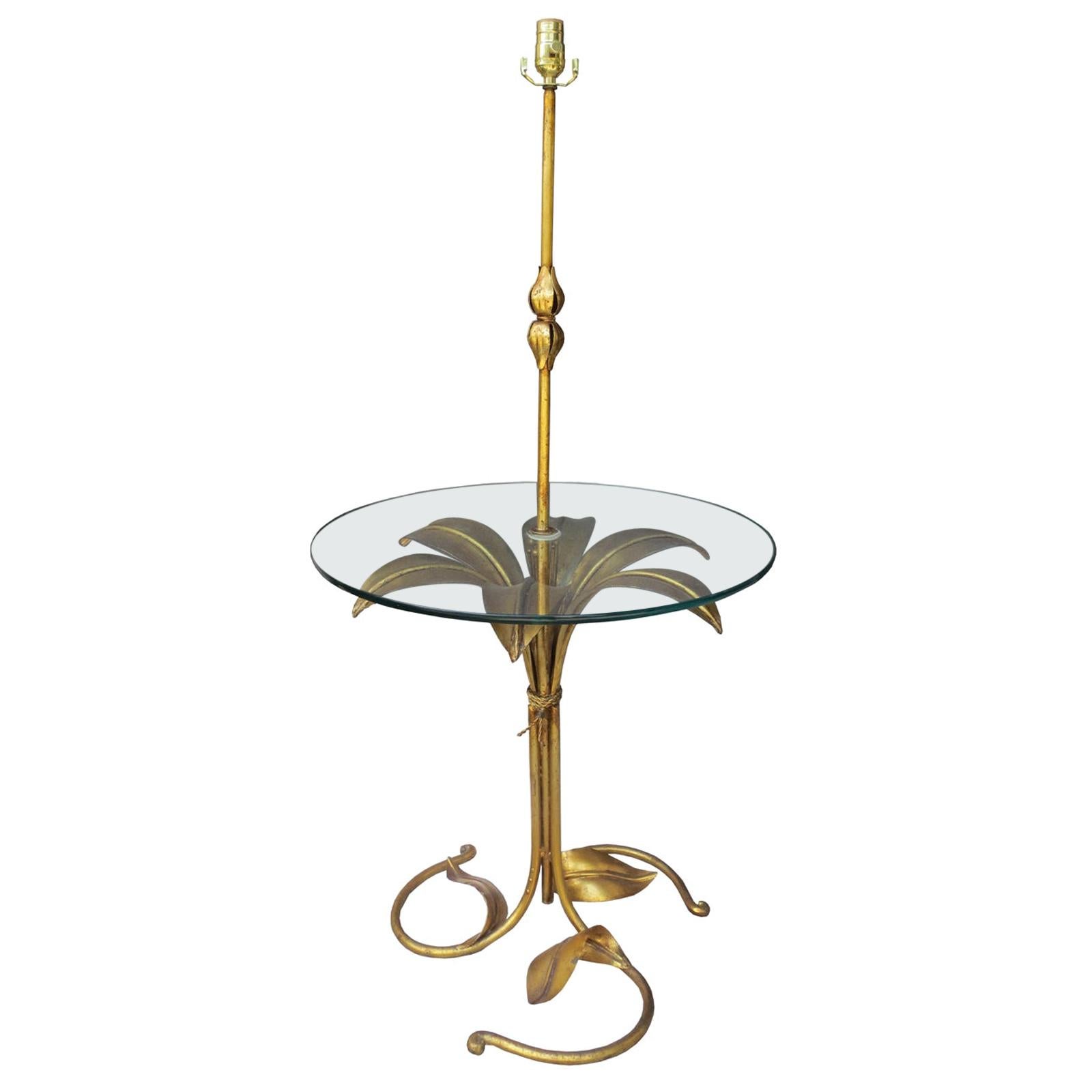 Mid-20th Century Italian Gilt Metal Floor Lamp with Clear Glass Table