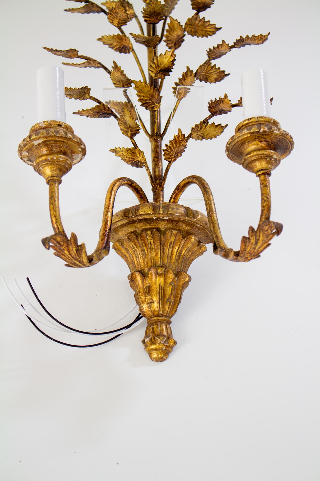 Italian gilt wood and metal leaf sconces, a pair. Leafy arms extend from a bottom ornate cap. Small leafy arms extend up between the arms. Antique gilt finish in good condition. Some light ships on the gilt wood elements. Hangs from a top hook, will