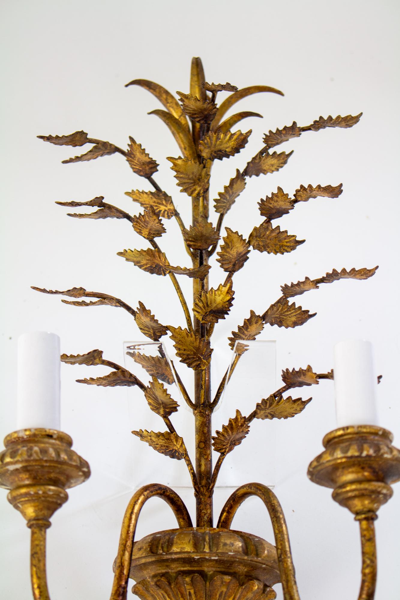 Hollywood Regency Mid 20th Century Italian Gilt Wood and Metal Leaf Sconces - a Pair For Sale