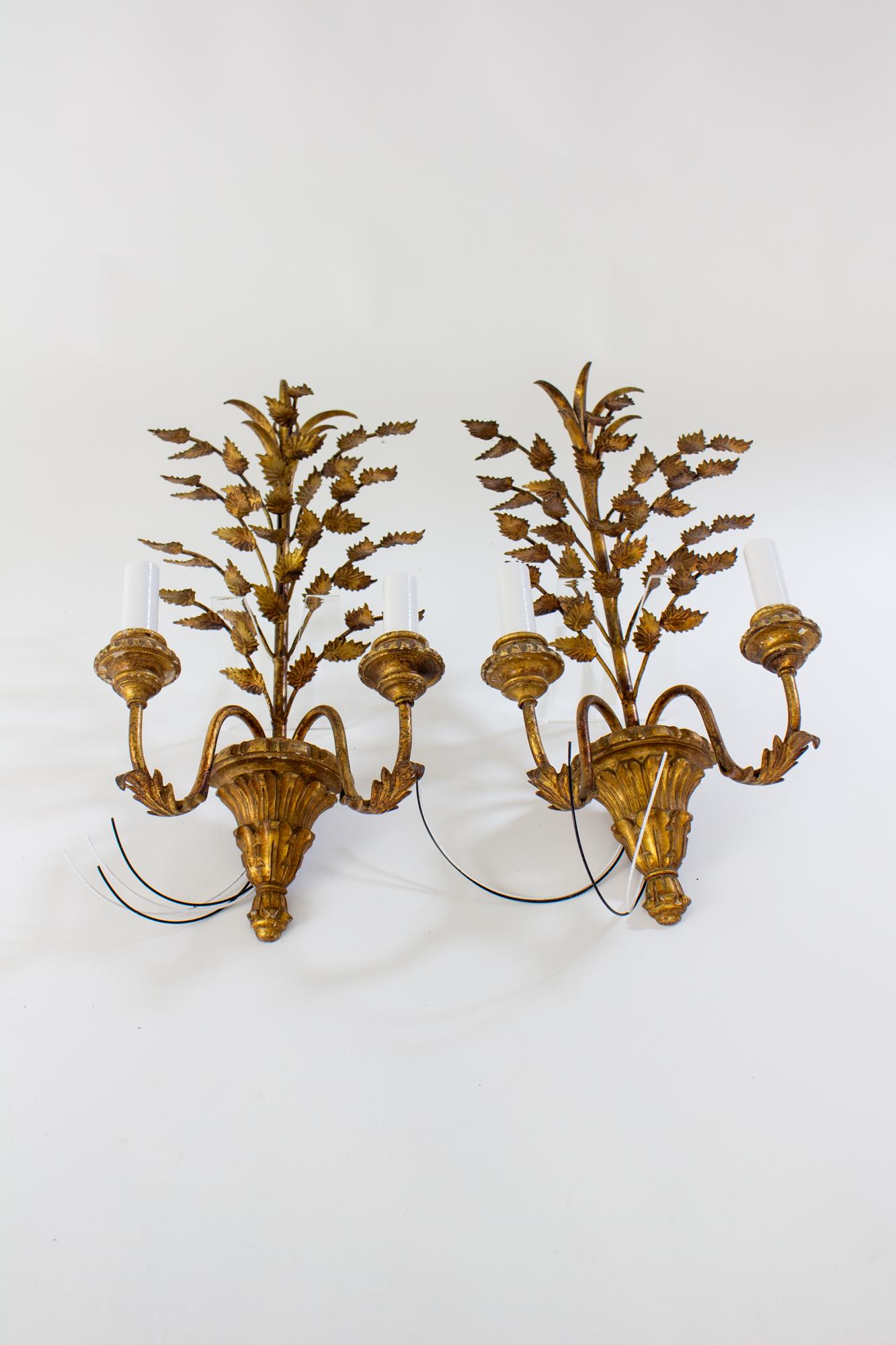 Mid 20th Century Italian Gilt Wood and Metal Leaf Sconces - a Pair In Good Condition For Sale In Canton, MA