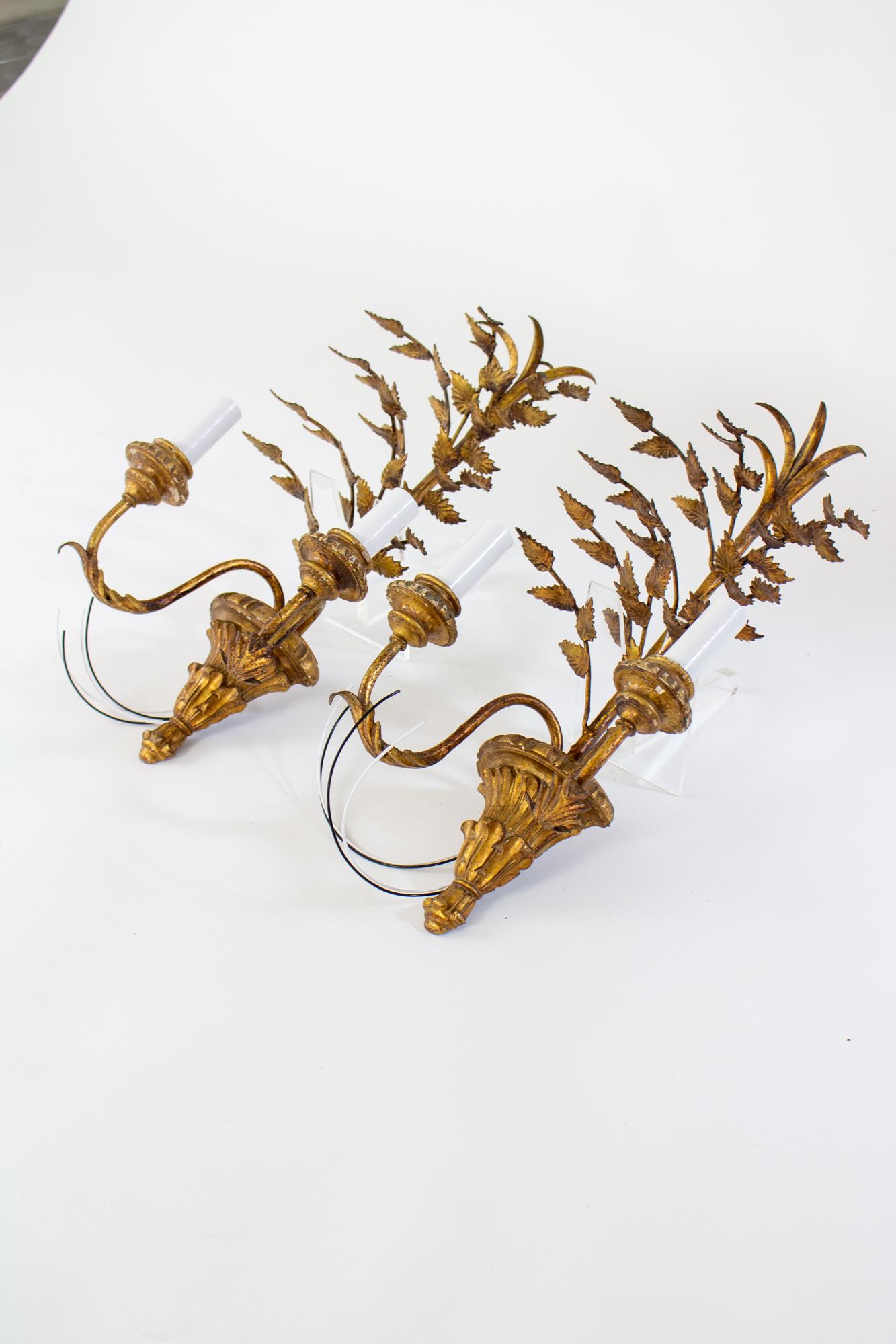 Mid 20th Century Italian Gilt Wood and Metal Leaf Sconces - a Pair For Sale 1