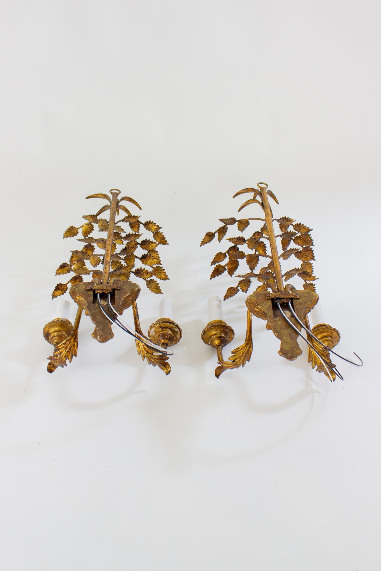 Mid 20th Century Italian Gilt Wood and Metal Leaf Sconces - a Pair For Sale 2