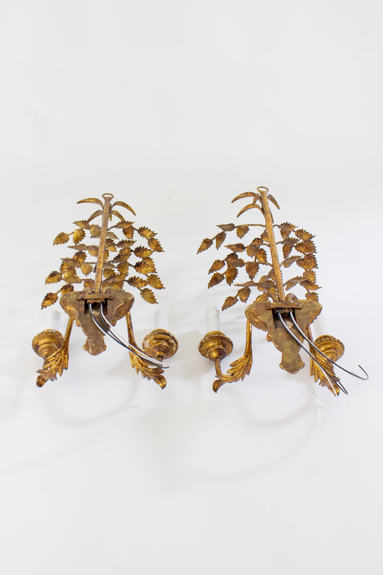 Mid 20th Century Italian Gilt Wood and Metal Leaf Sconces - a Pair For Sale 3