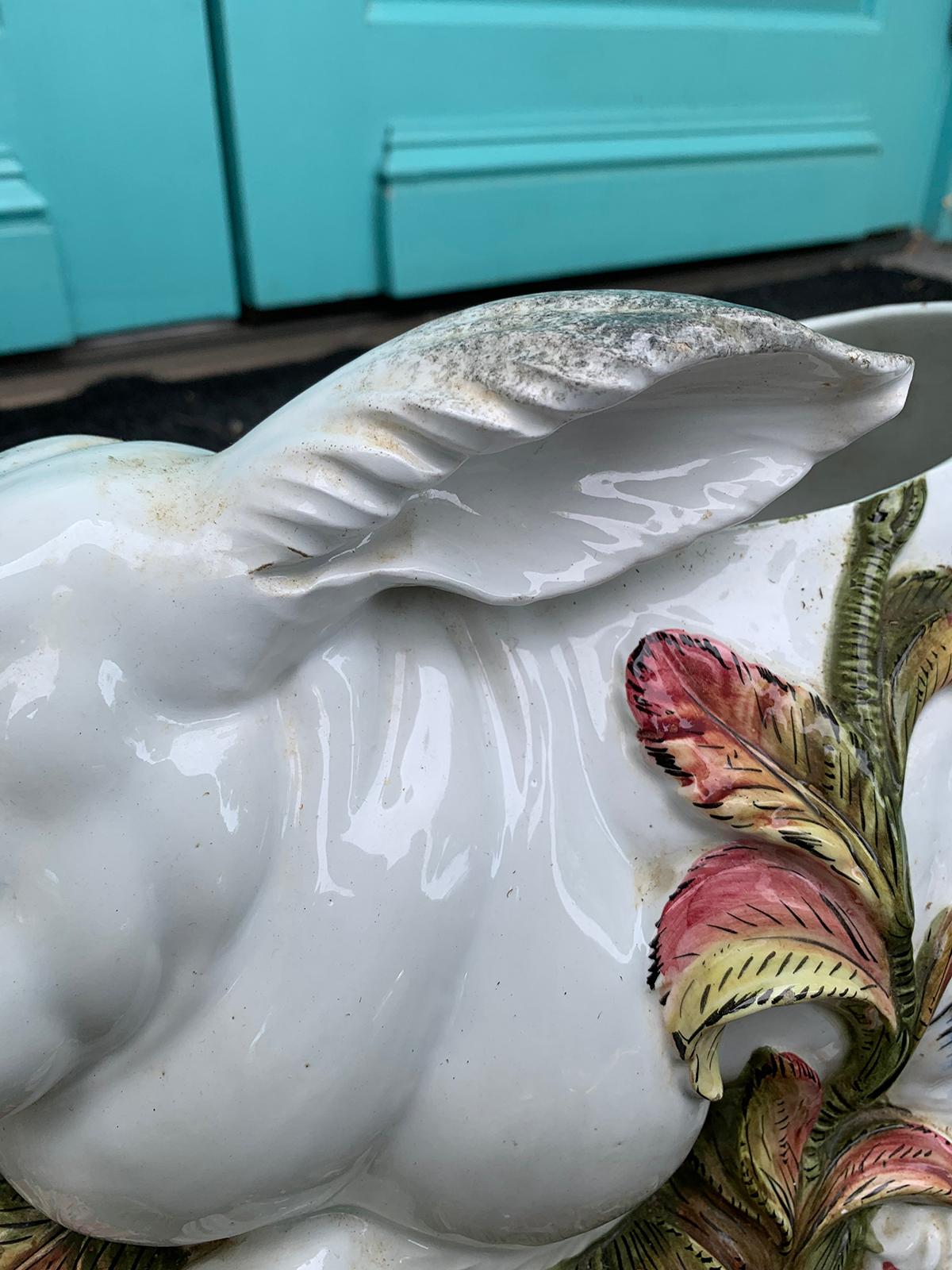Mid-20th Century Italian Glazed Porcelain Bunny Cachepot or Planter, Marked 12